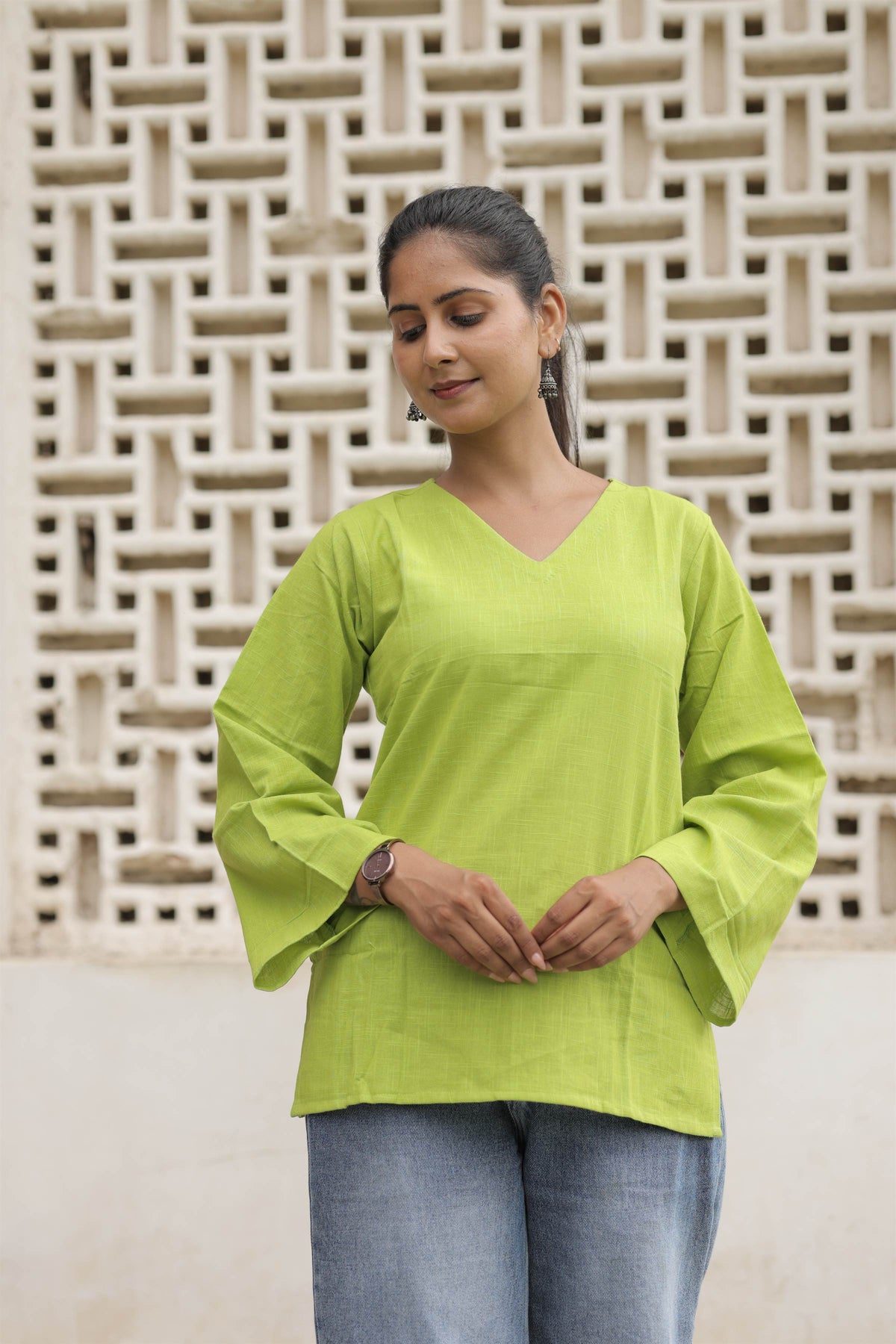 Lime Green Cotton Slub Flared Top