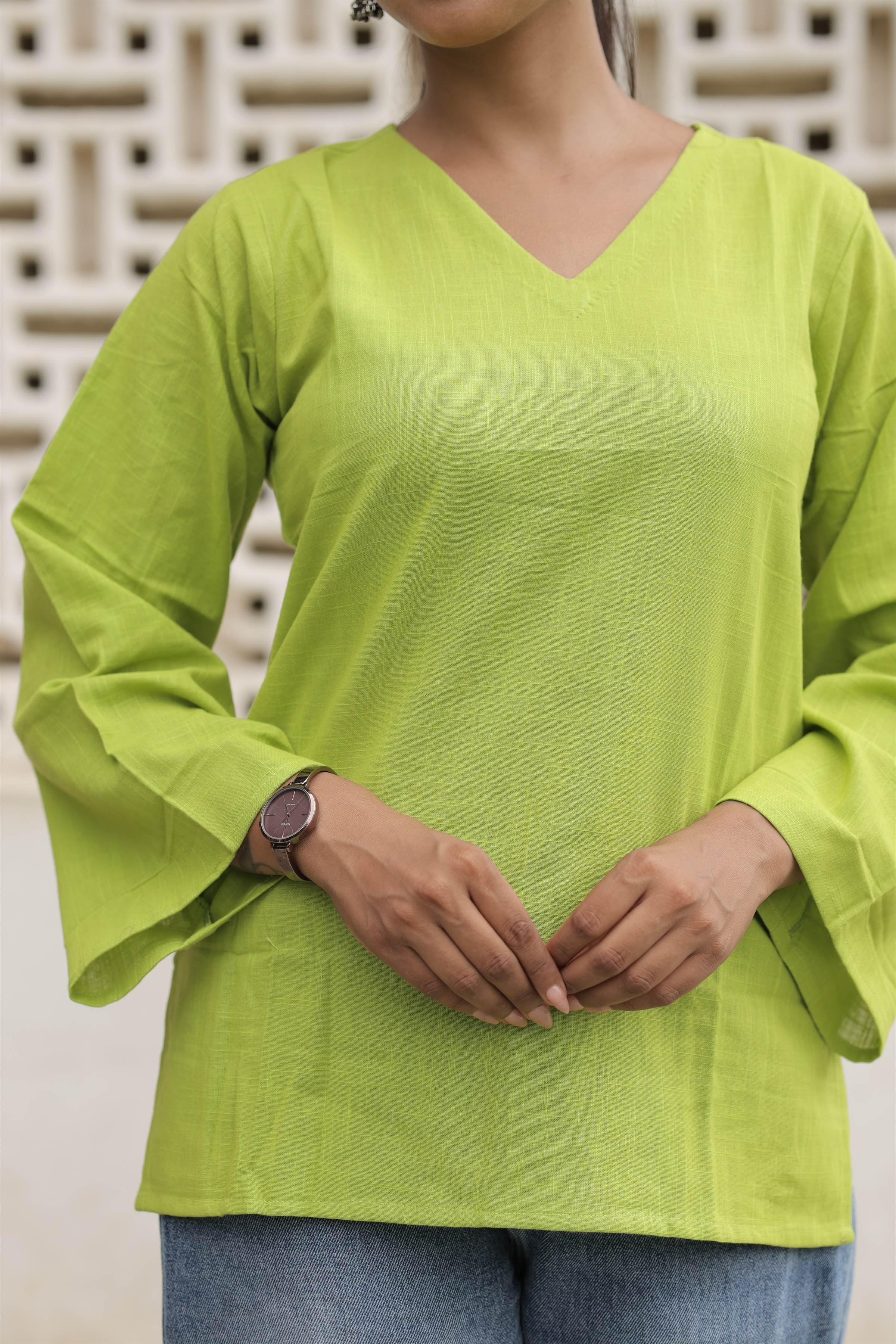 Lime Green Cotton Slub Flared Top