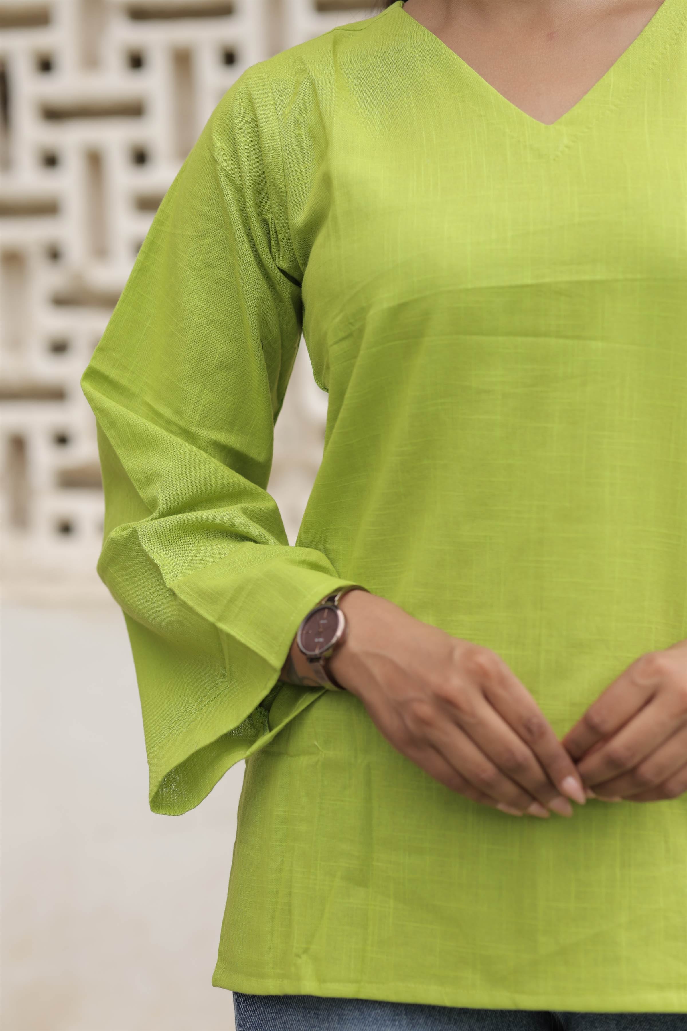 Lime Green Cotton Slub Flared Top