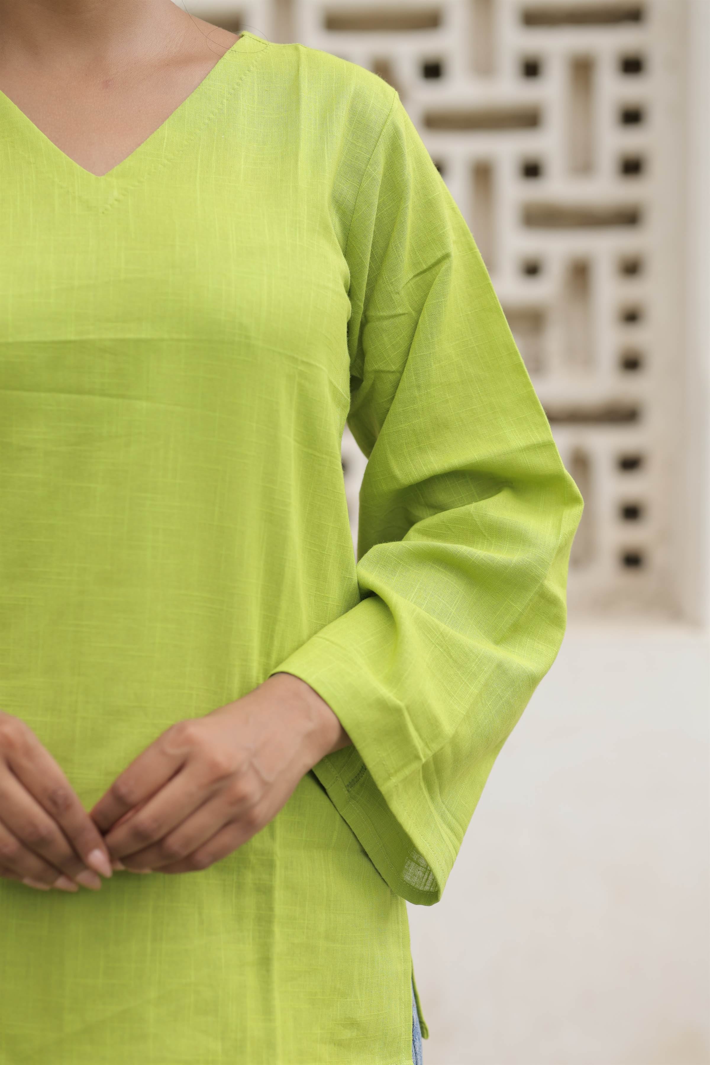 Lime Green Cotton Slub Flared Top
