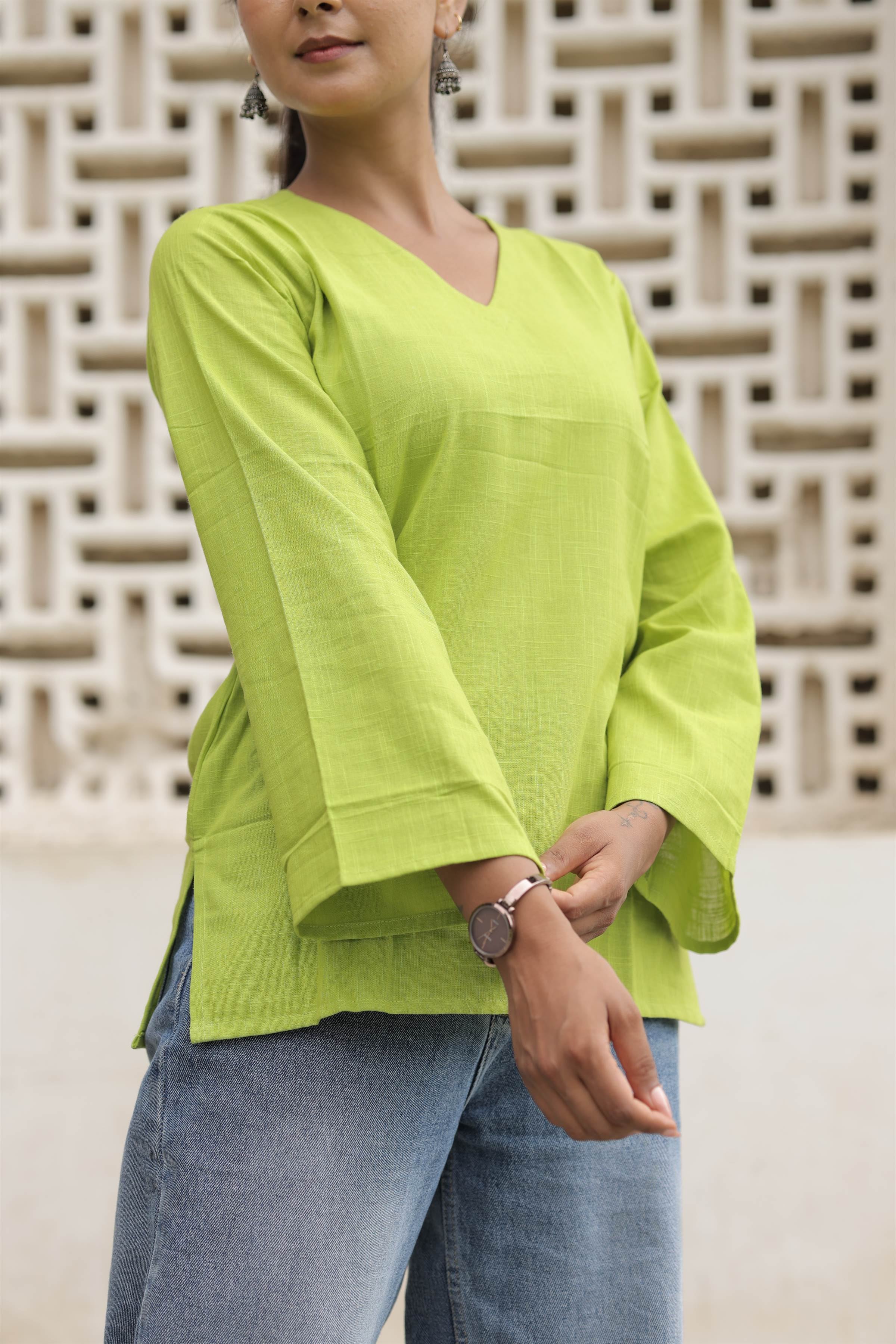 Lime Green Cotton Slub Flared Top