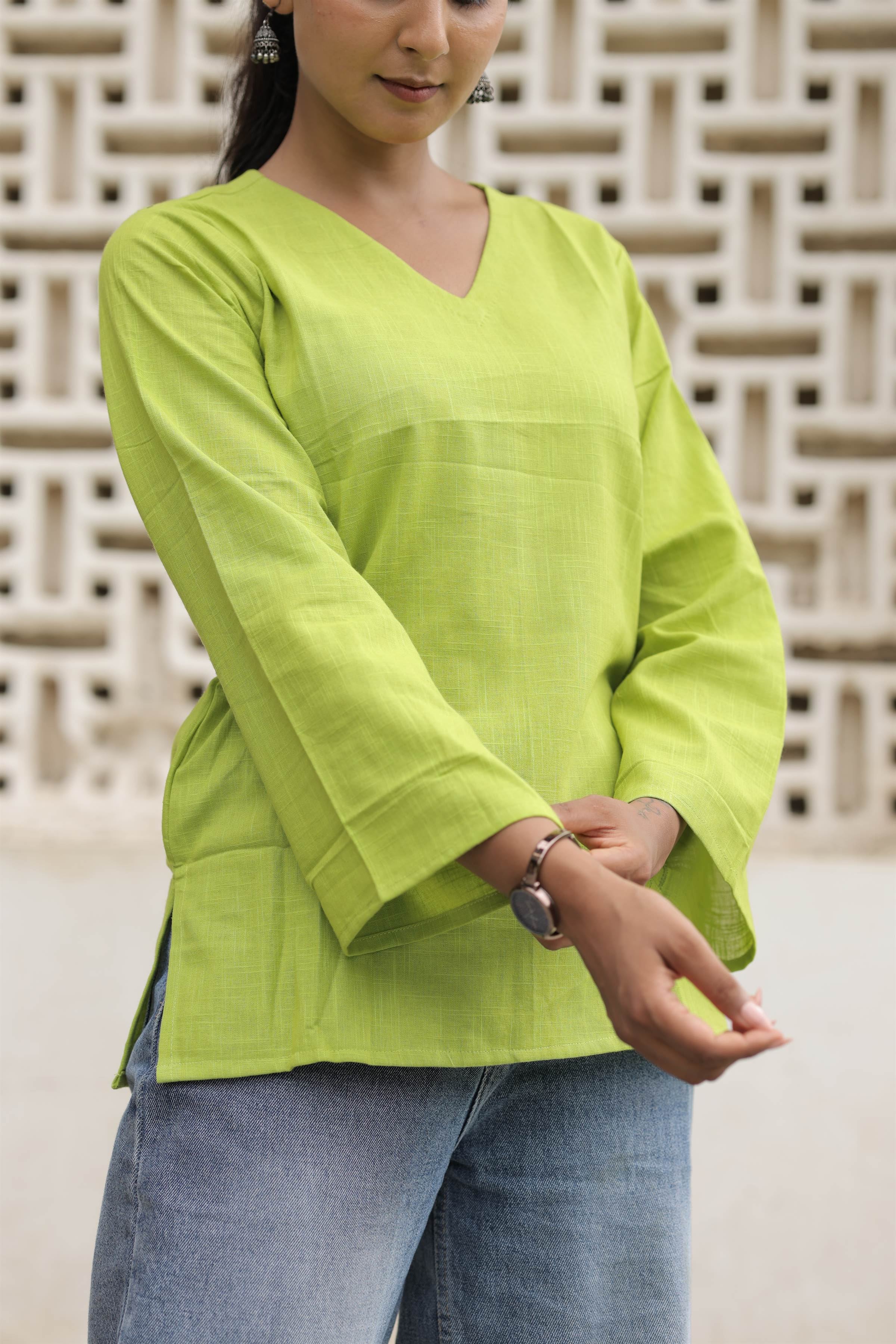 Lime Green Cotton Slub Flared Top