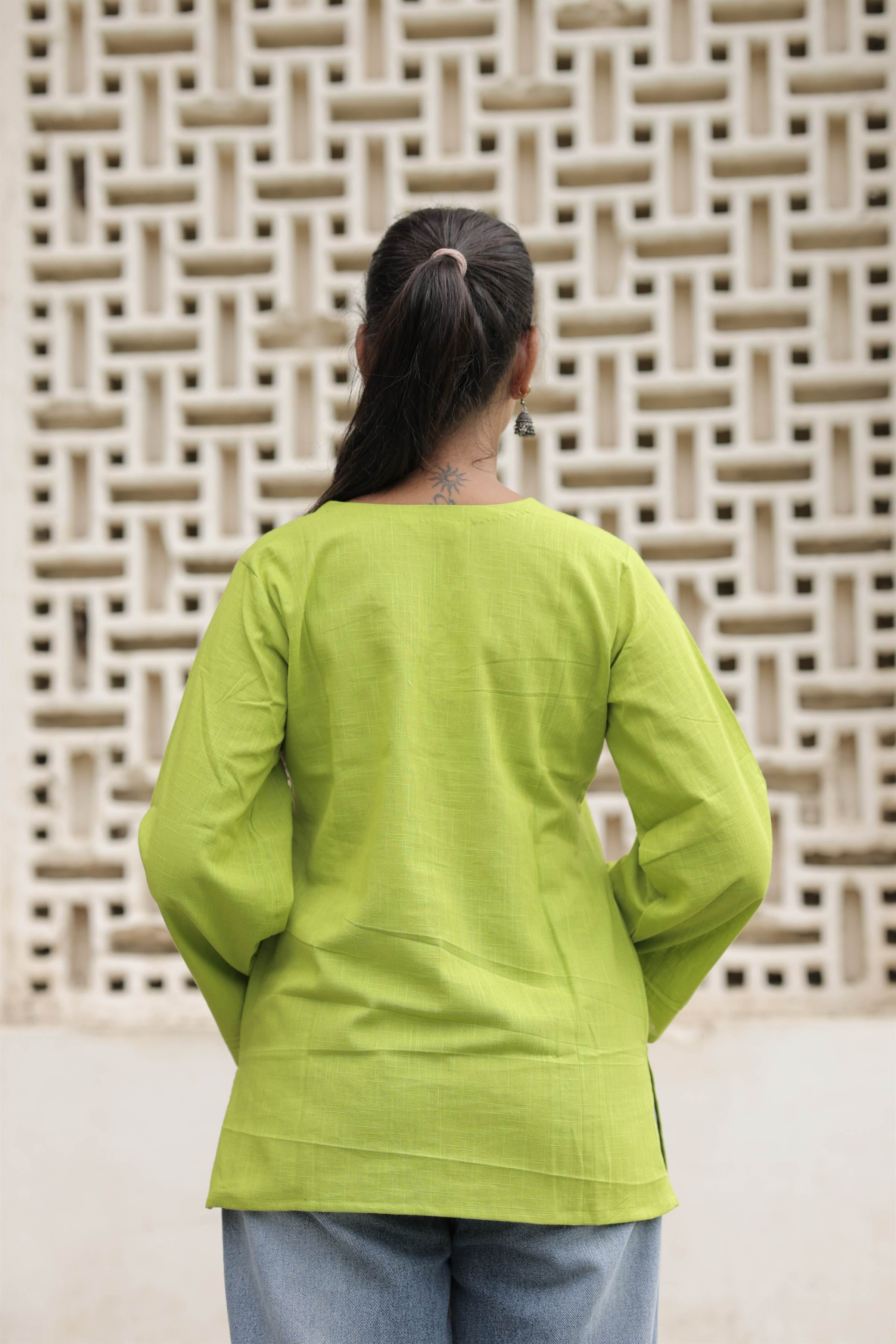 Lime Green Cotton Slub Flared Top