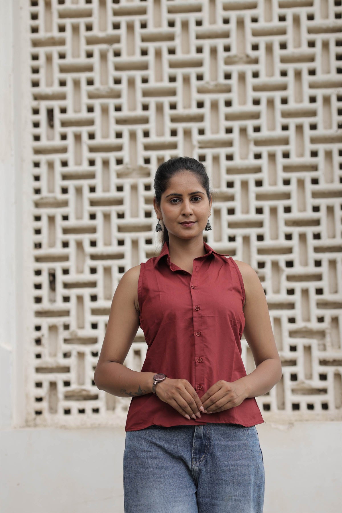 Maroon Poly-Cotton Sleeveless Shirt