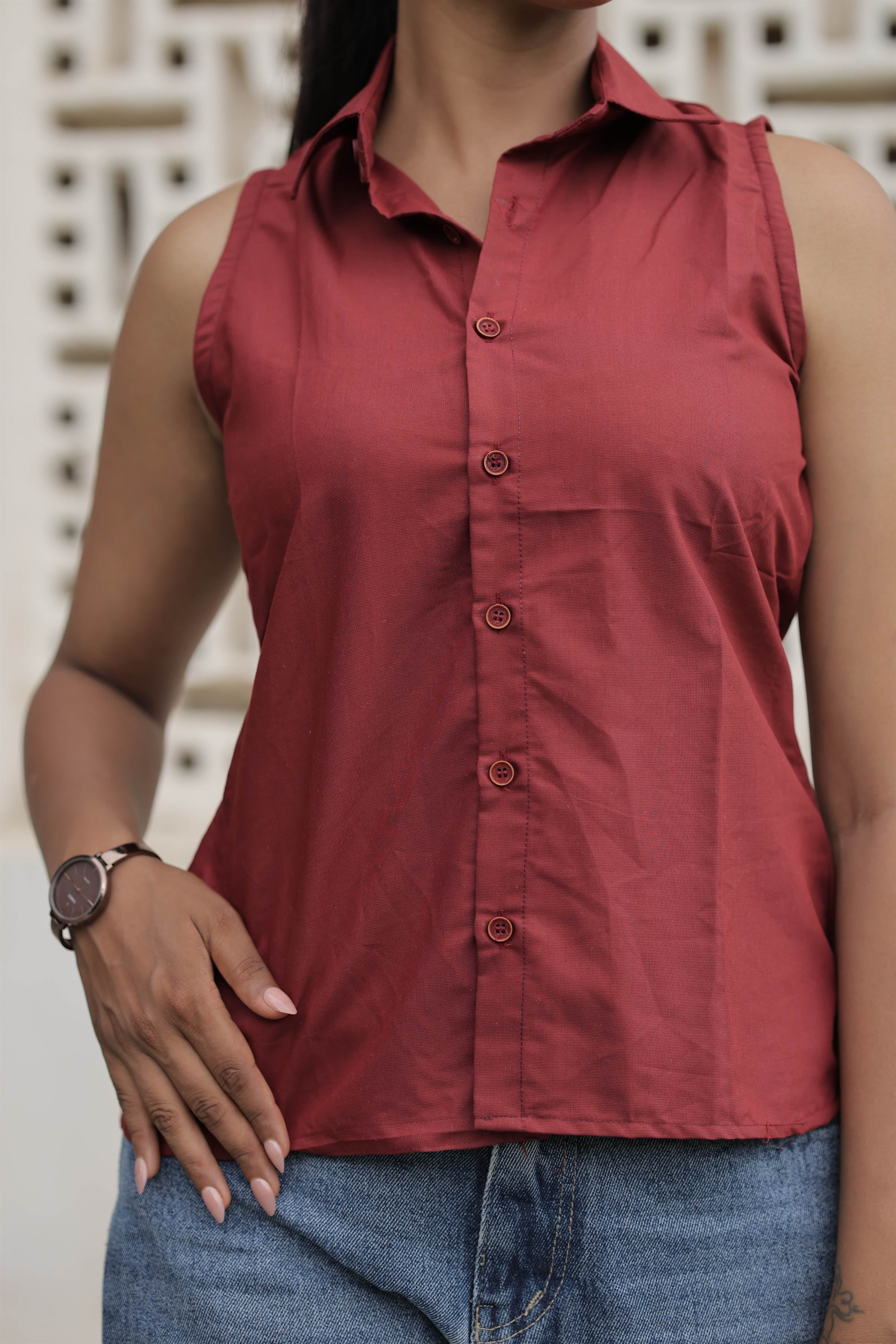Maroon Poly-Cotton Sleeveless Shirt