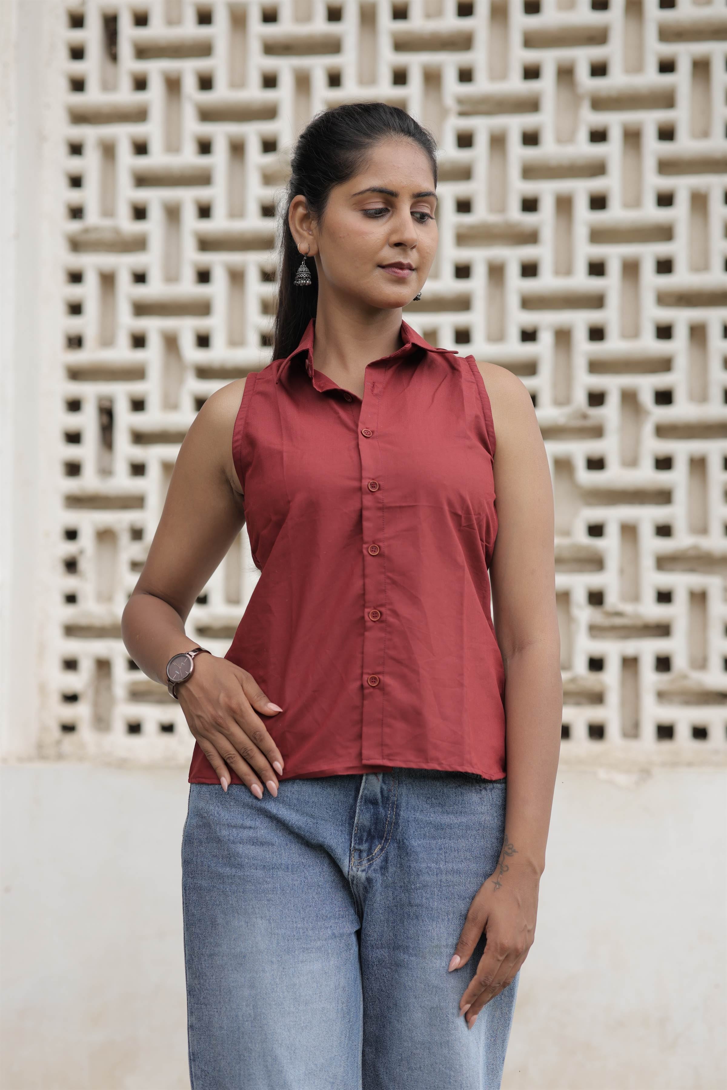 Maroon Poly-Cotton Sleeveless Shirt