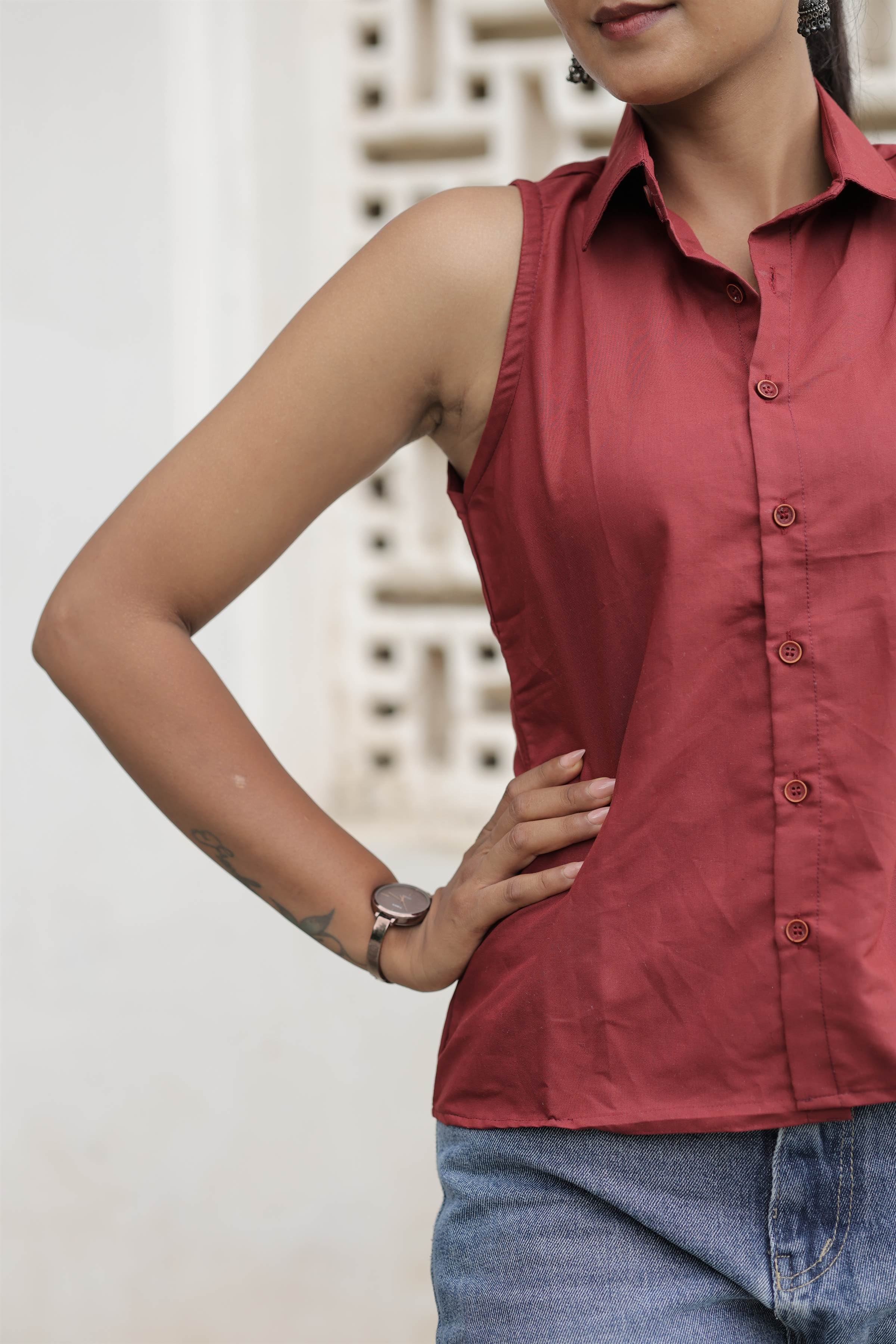 Maroon Poly-Cotton Sleeveless Shirt