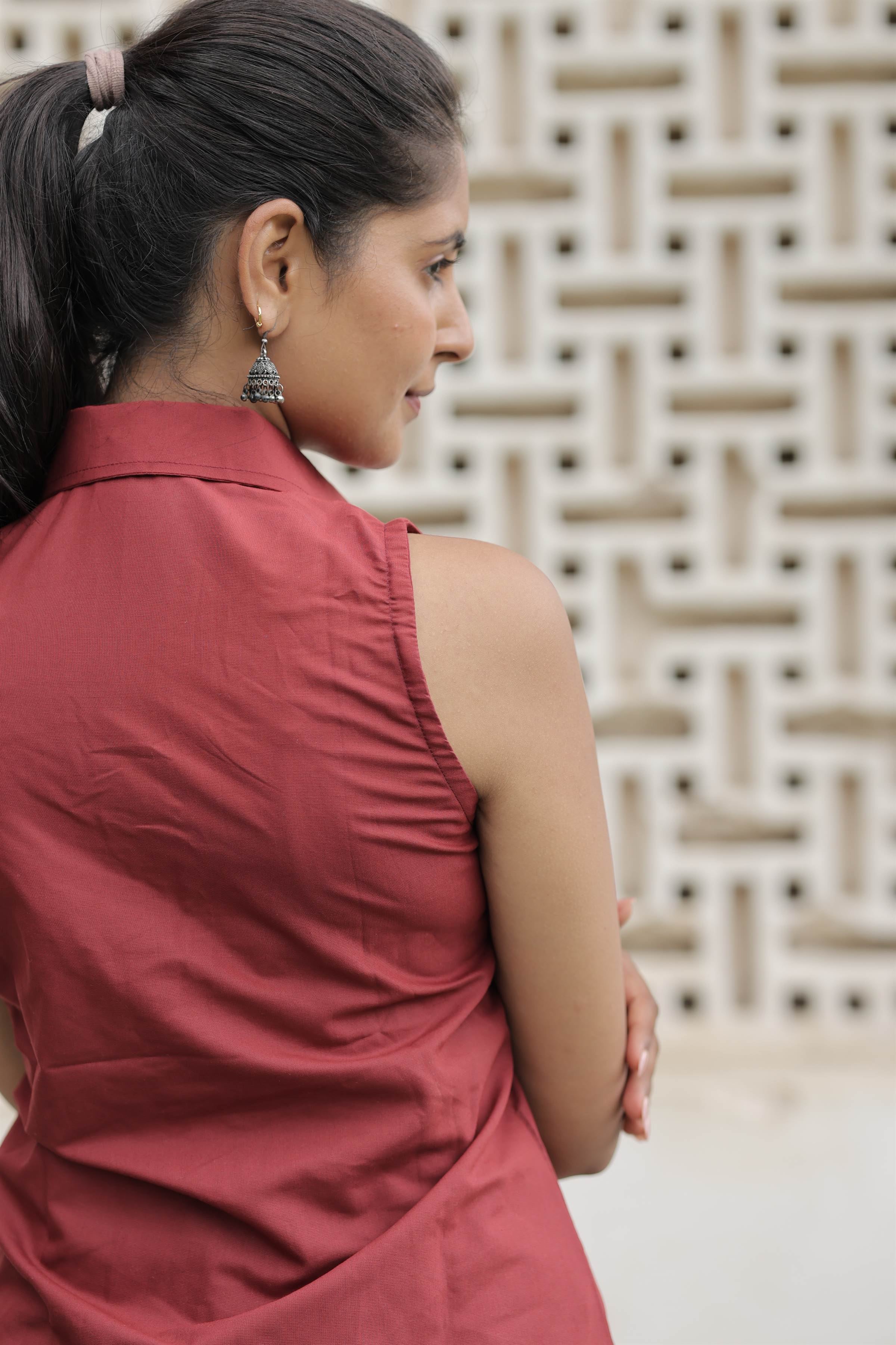 Maroon Poly-Cotton Sleeveless Shirt