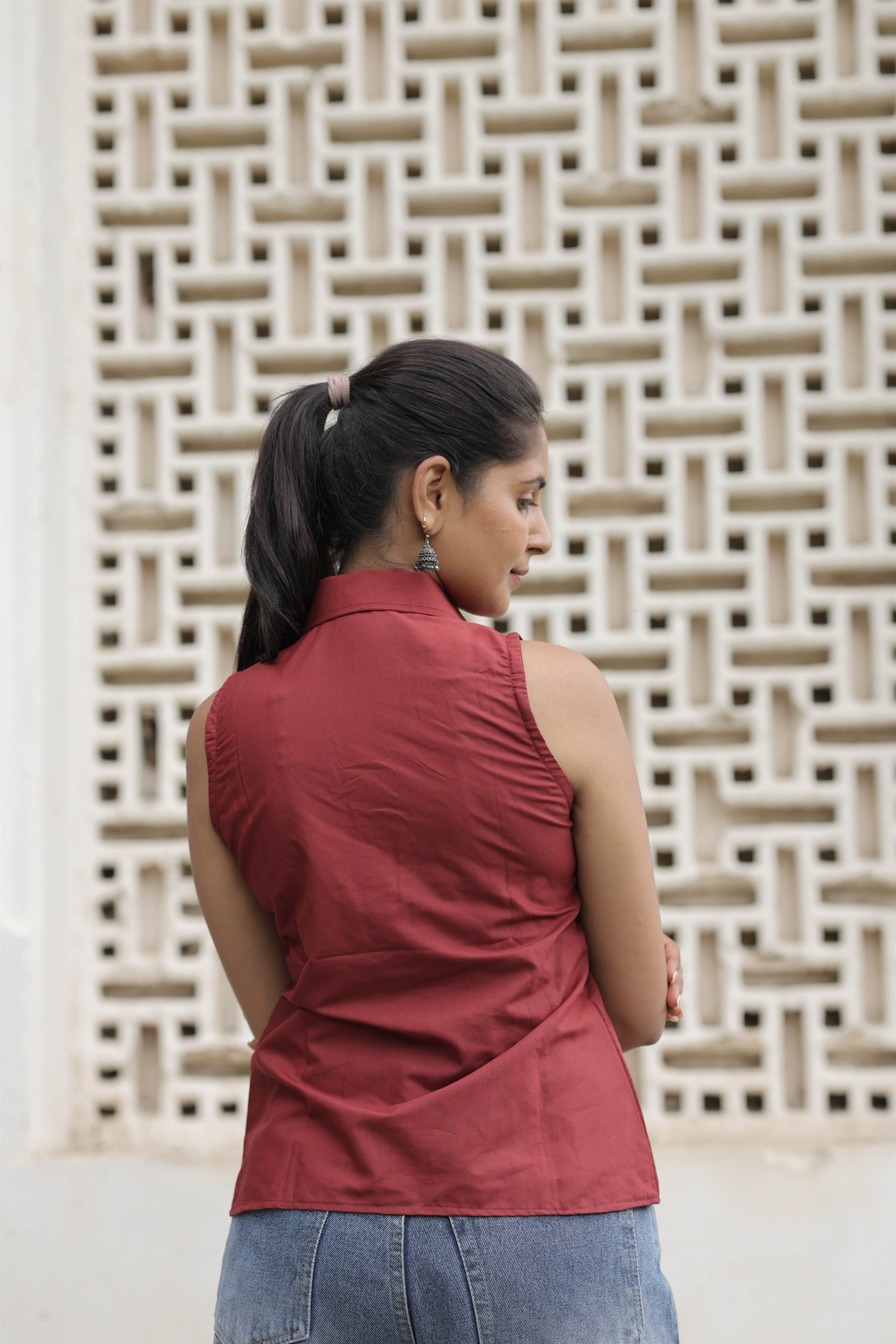 Maroon Poly-Cotton Sleeveless Shirt