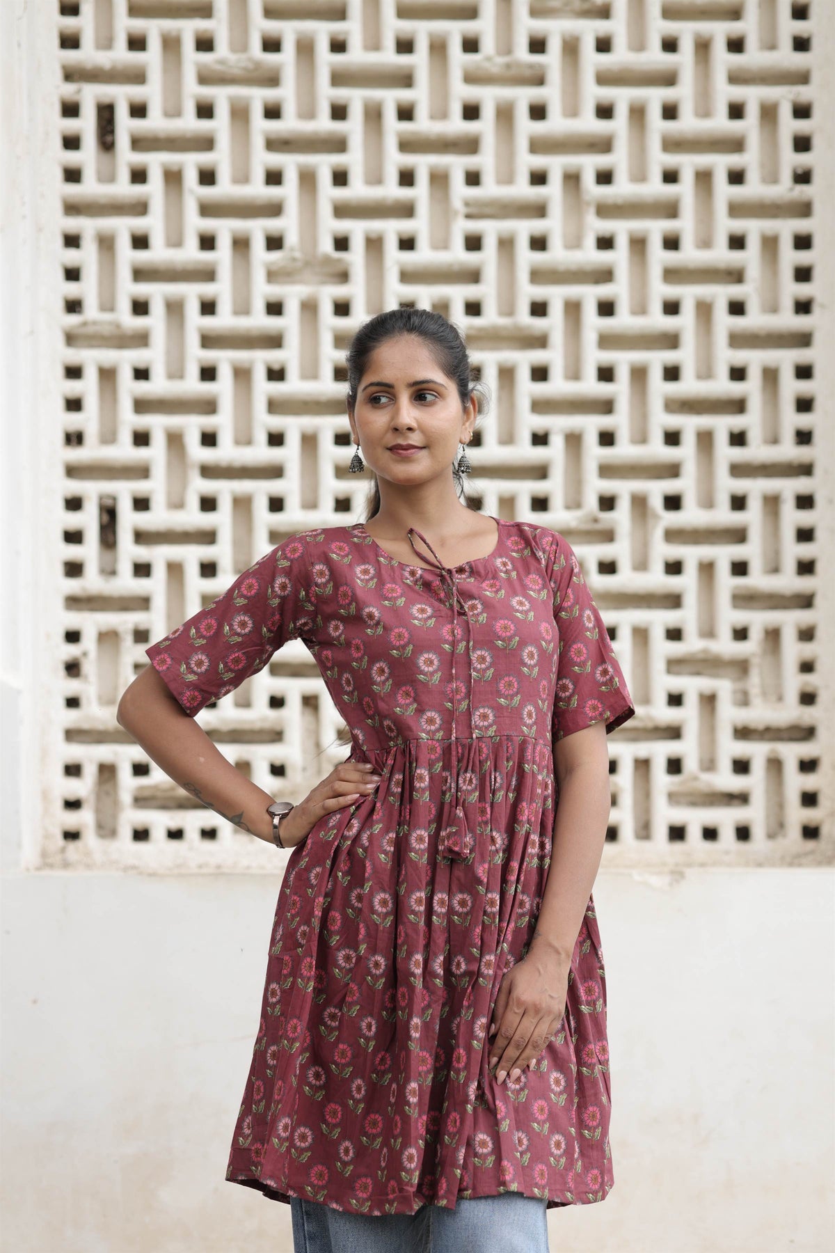 Mauve Floral Printed Pure Cotton Flared Kurti