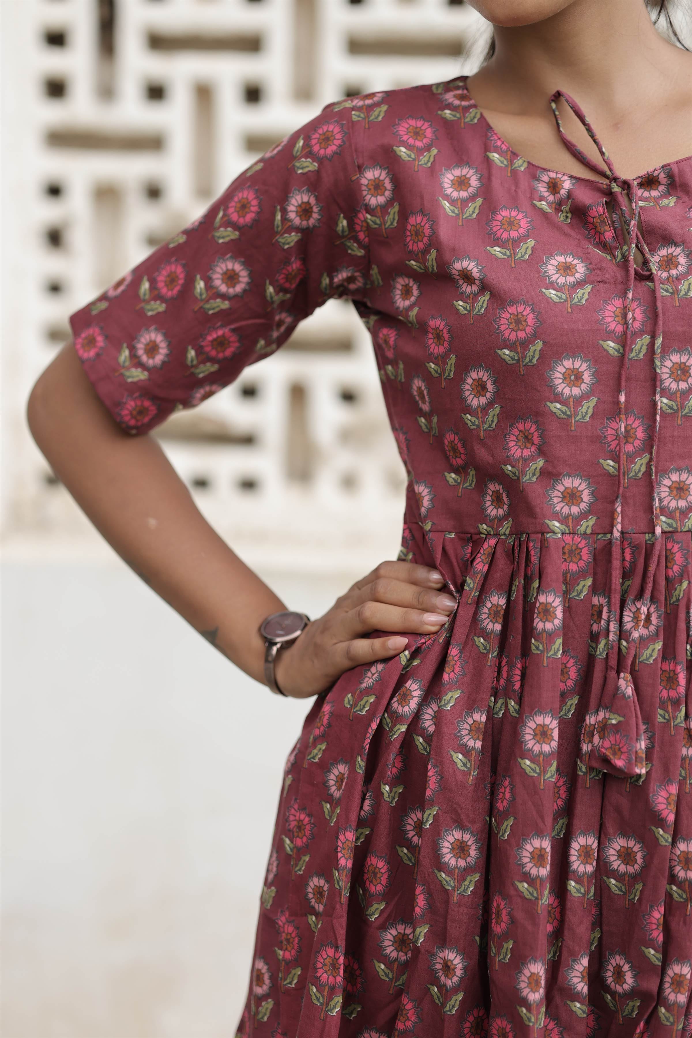 Mauve Floral Printed Pure Cotton Flared Kurti