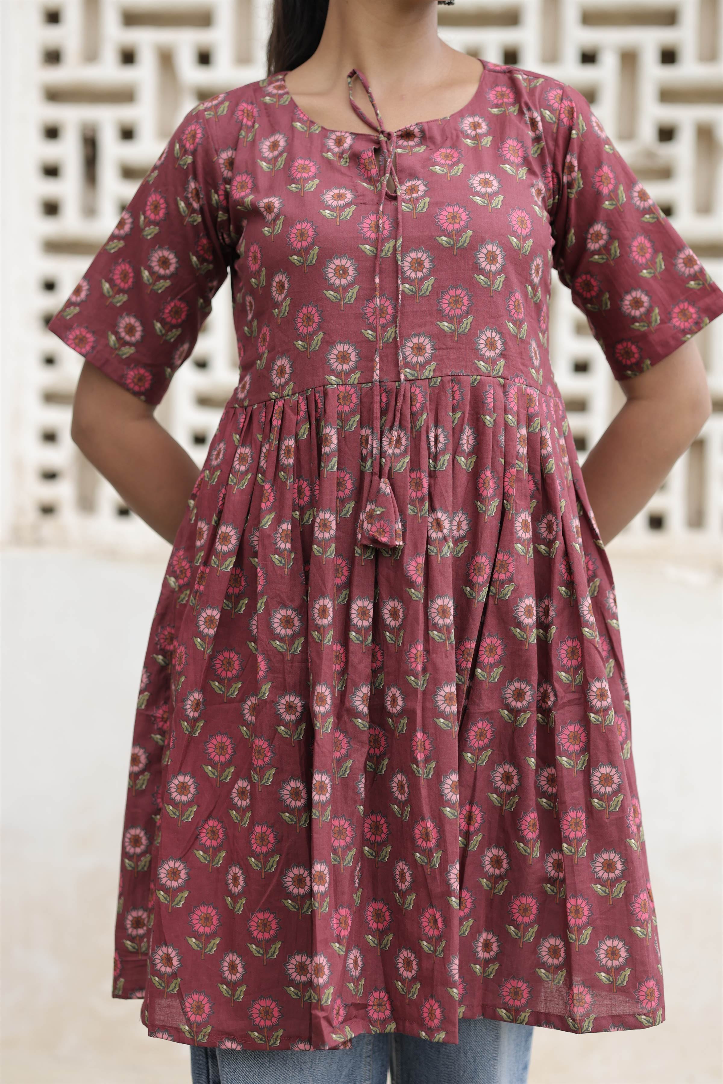 Mauve Floral Printed Pure Cotton Flared Kurti
