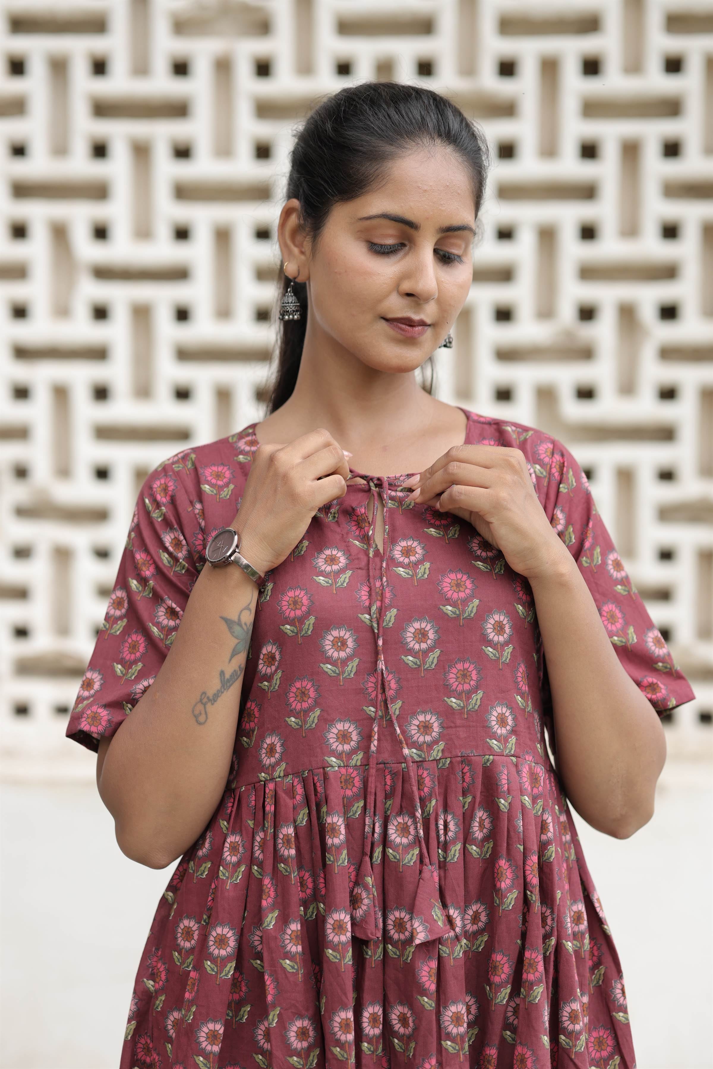 Mauve Floral Printed Pure Cotton Flared Kurti
