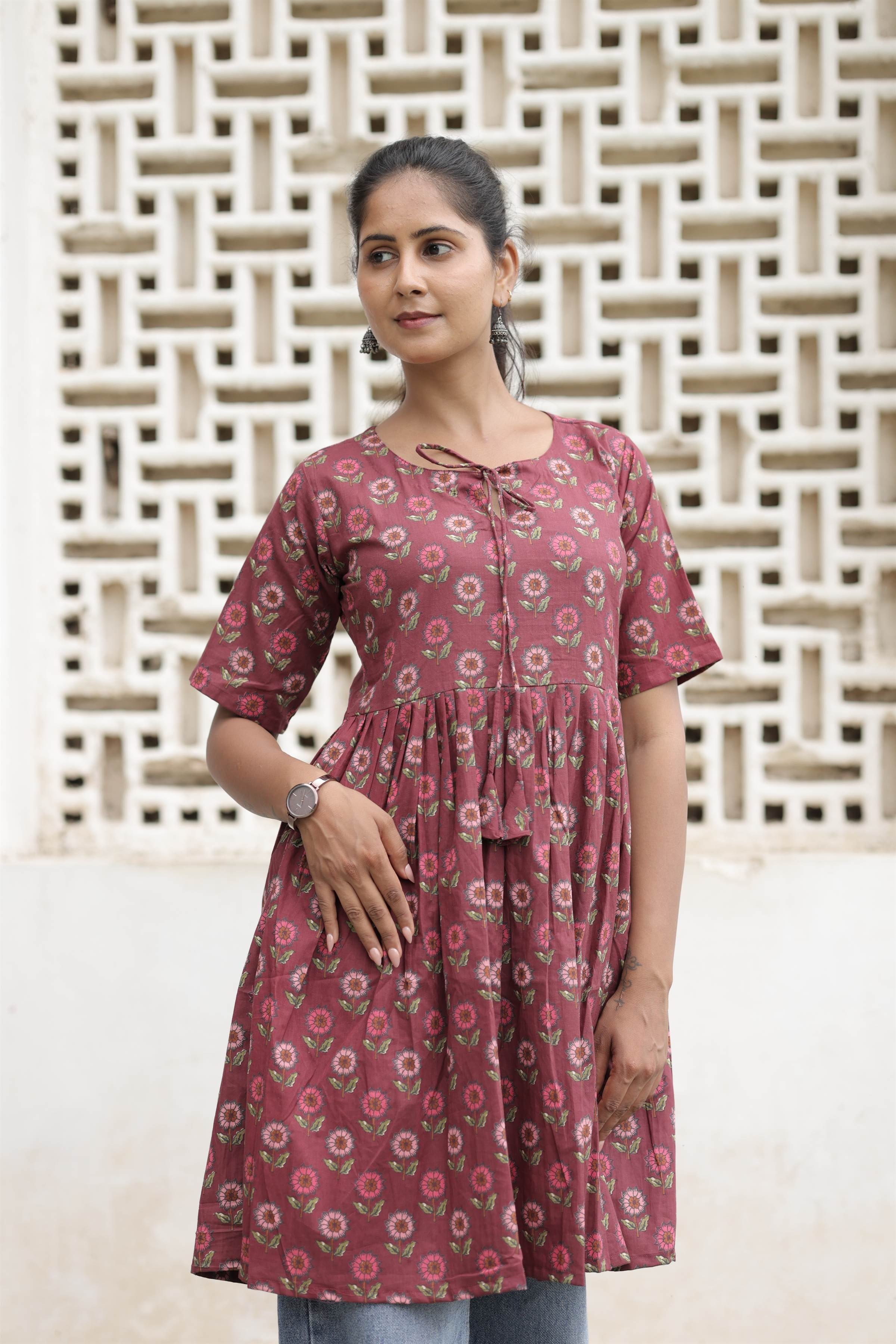 Mauve Floral Printed Pure Cotton Flared Kurti
