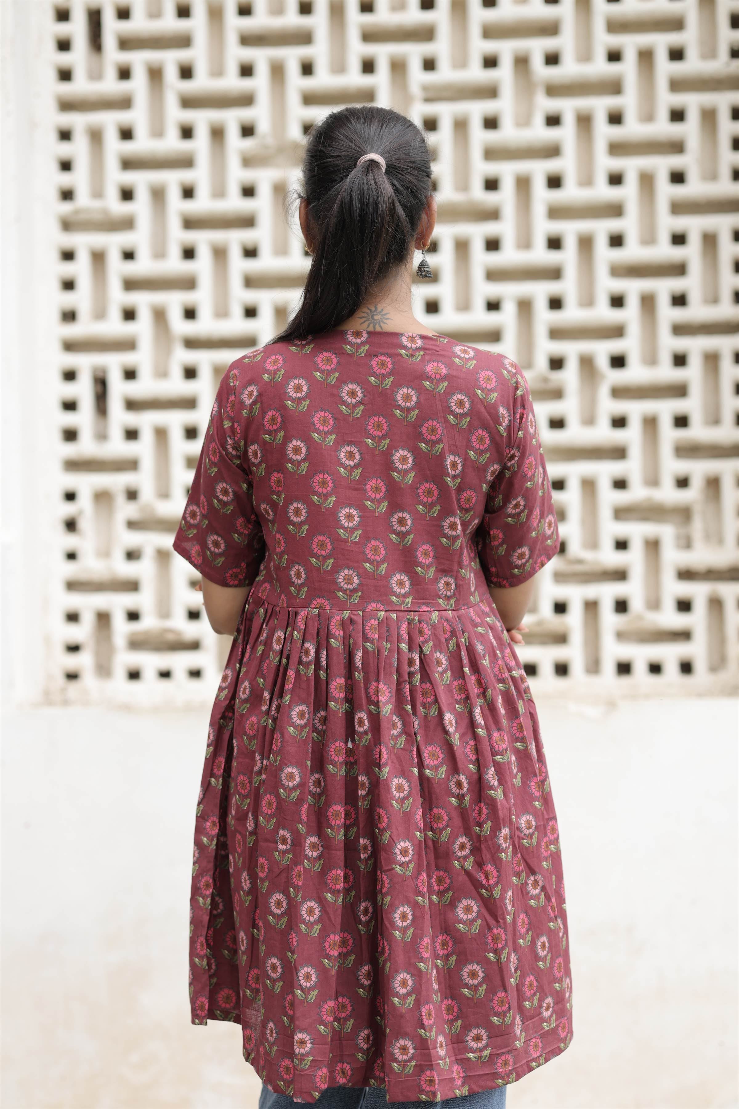 Mauve Floral Printed Pure Cotton Flared Kurti