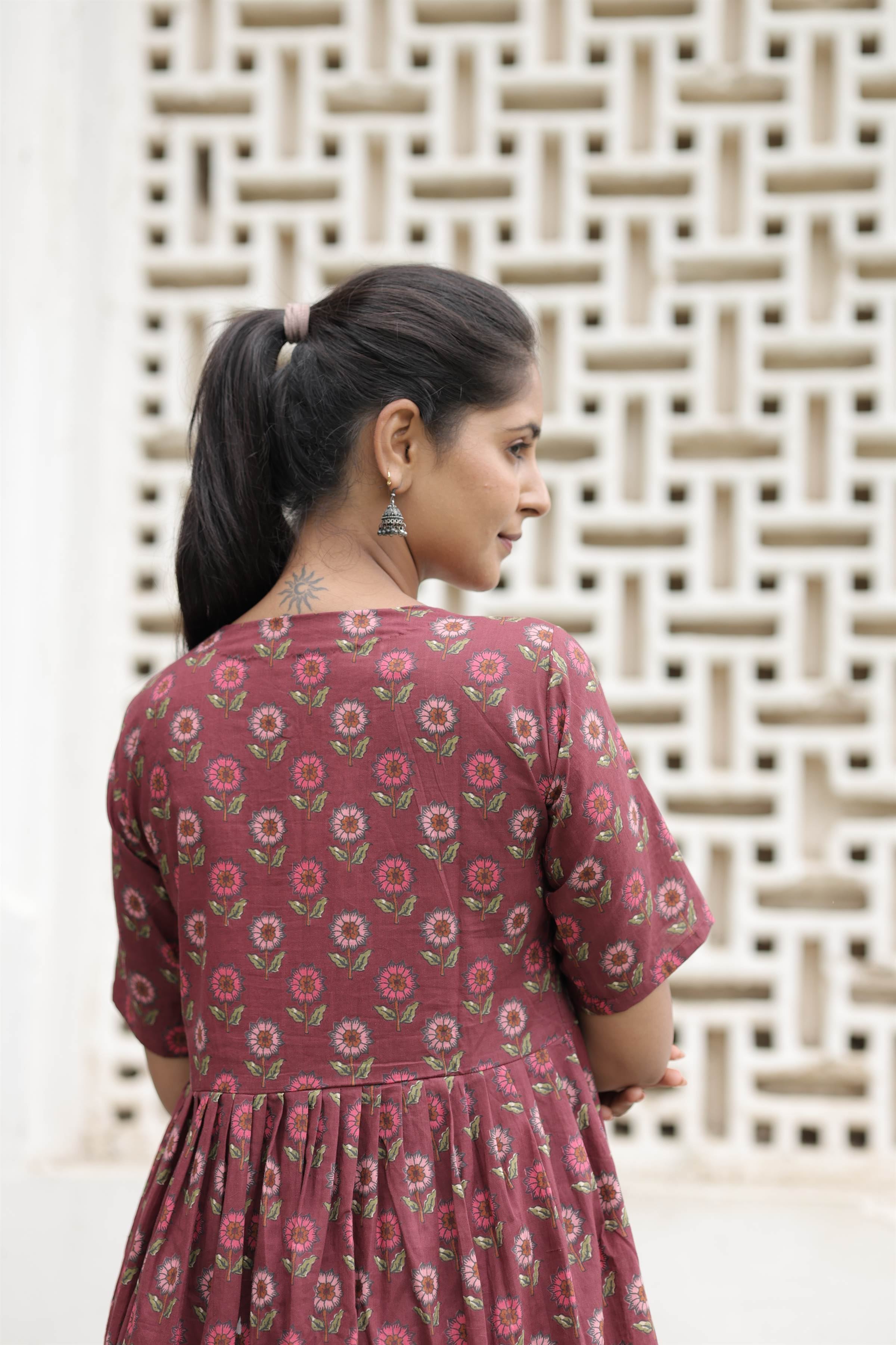 Mauve Floral Printed Pure Cotton Flared Kurti