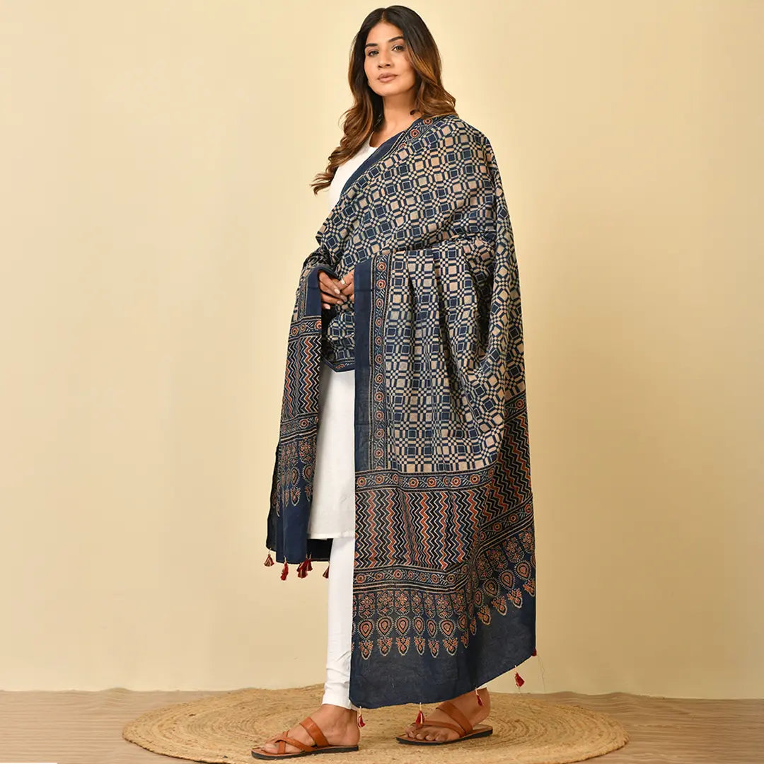 Indigo Ajrakh Cotton Dupatta