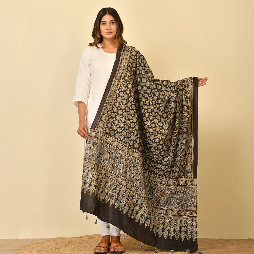 Traditional Ajrakh Block Print Dupatta with Tassels