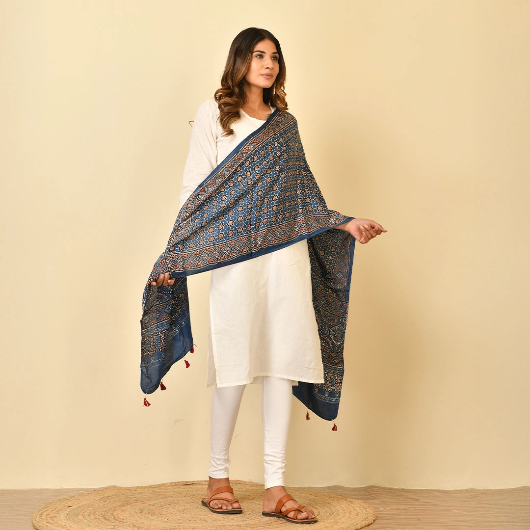 Indigo Ajrakh Handblock Stole