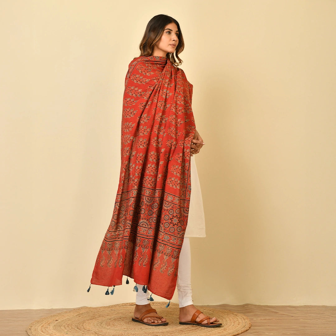 Coral Red Ajrakh Paisley Block Print Cotton Dupatta