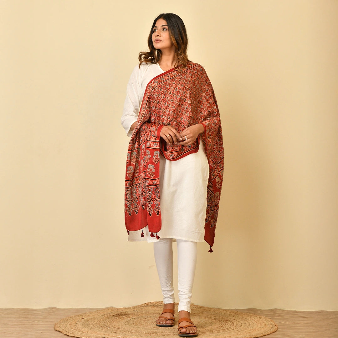 Coral Red Ajrakh Paisley Border Stole
