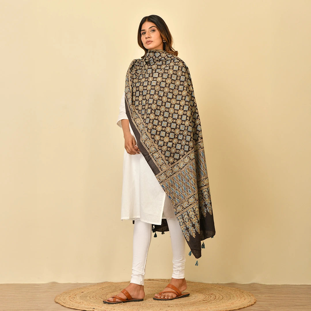 Traditional Ajrakh Block Print Dupatta with Tassels