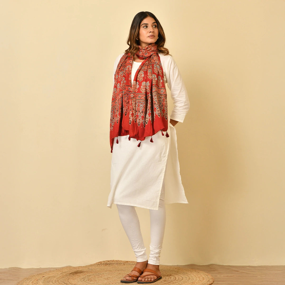 Coral Red Ajrakh Paisley Border Stole