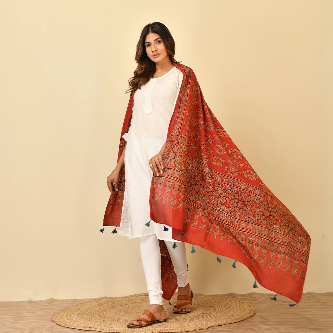 Coral Red Ajrakh Paisley Block Print Cotton Dupatta