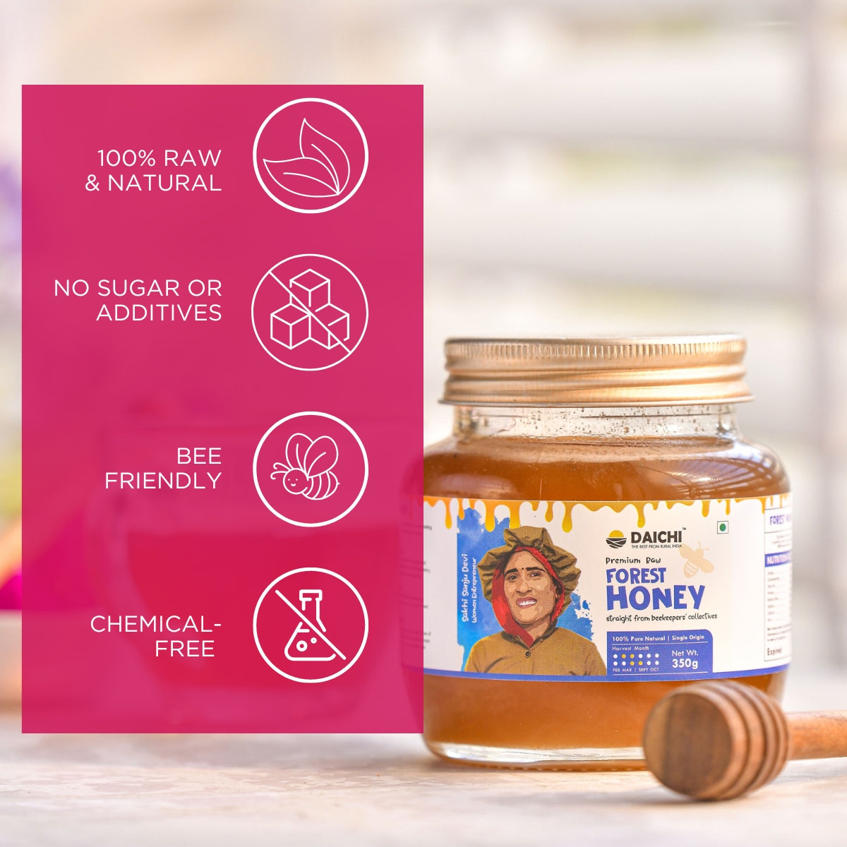 Daichi Forest Honey - 100% Raw & Unprocessed, Straight from beekeepers, Cruelty-free, No Sugar or Additives (350g)