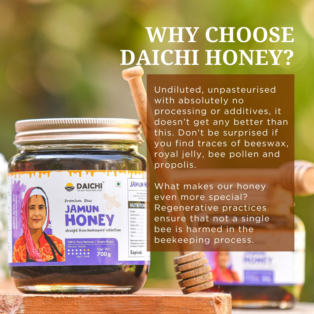 Daichi Jamun Honey - 100% Raw & Unprocessed, Straight from beekeepers, Cruelty-free, No Sugar or Additives