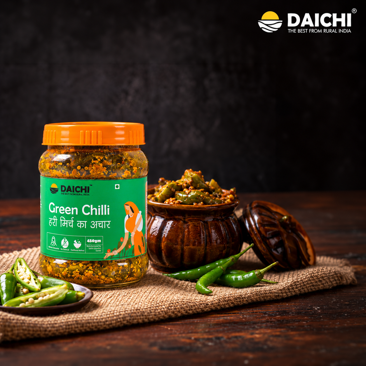 Daichi Handcrafted Green Chilli Pickle | PVC Jars