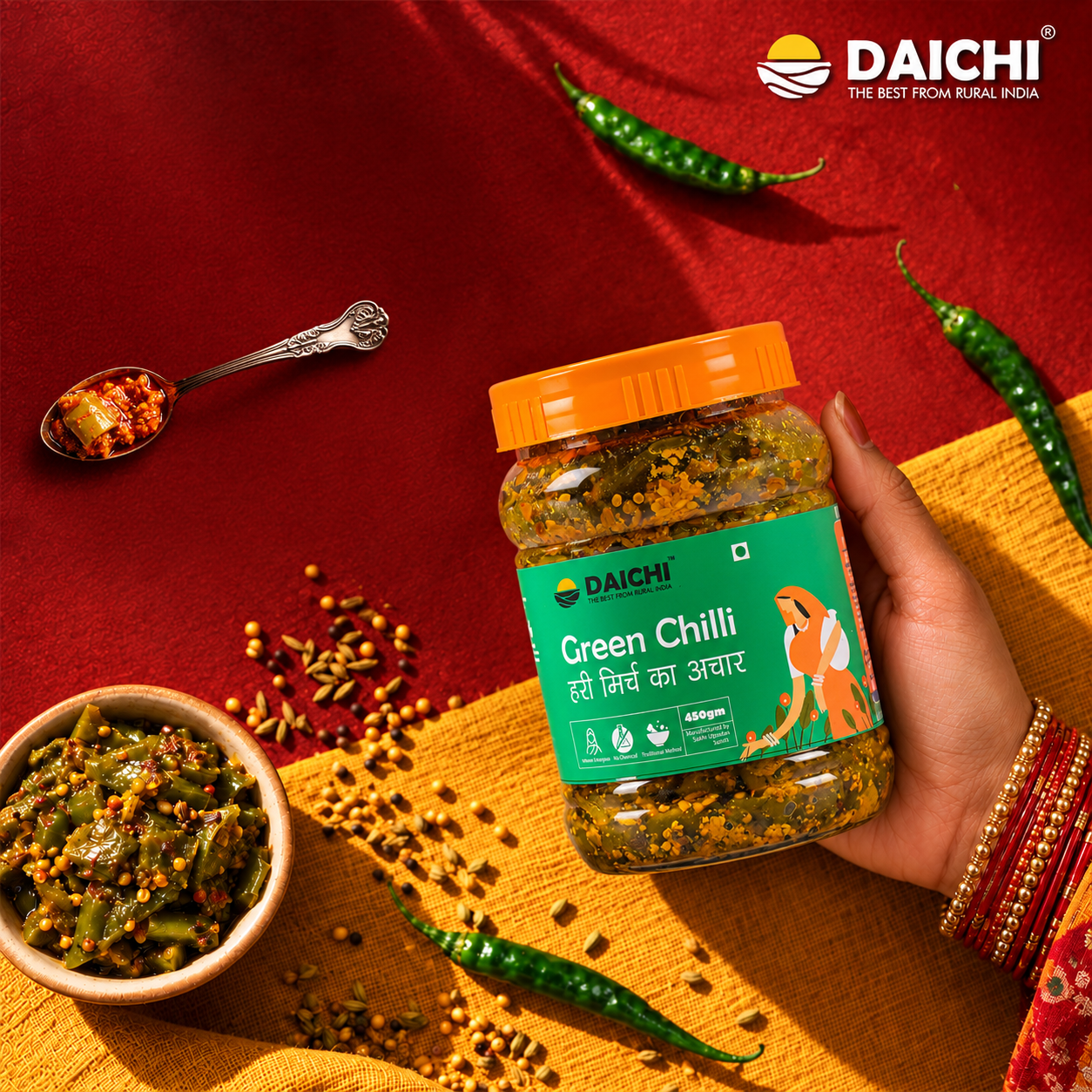 Daichi Handcrafted Green Chilli Pickle | PVC Jars
