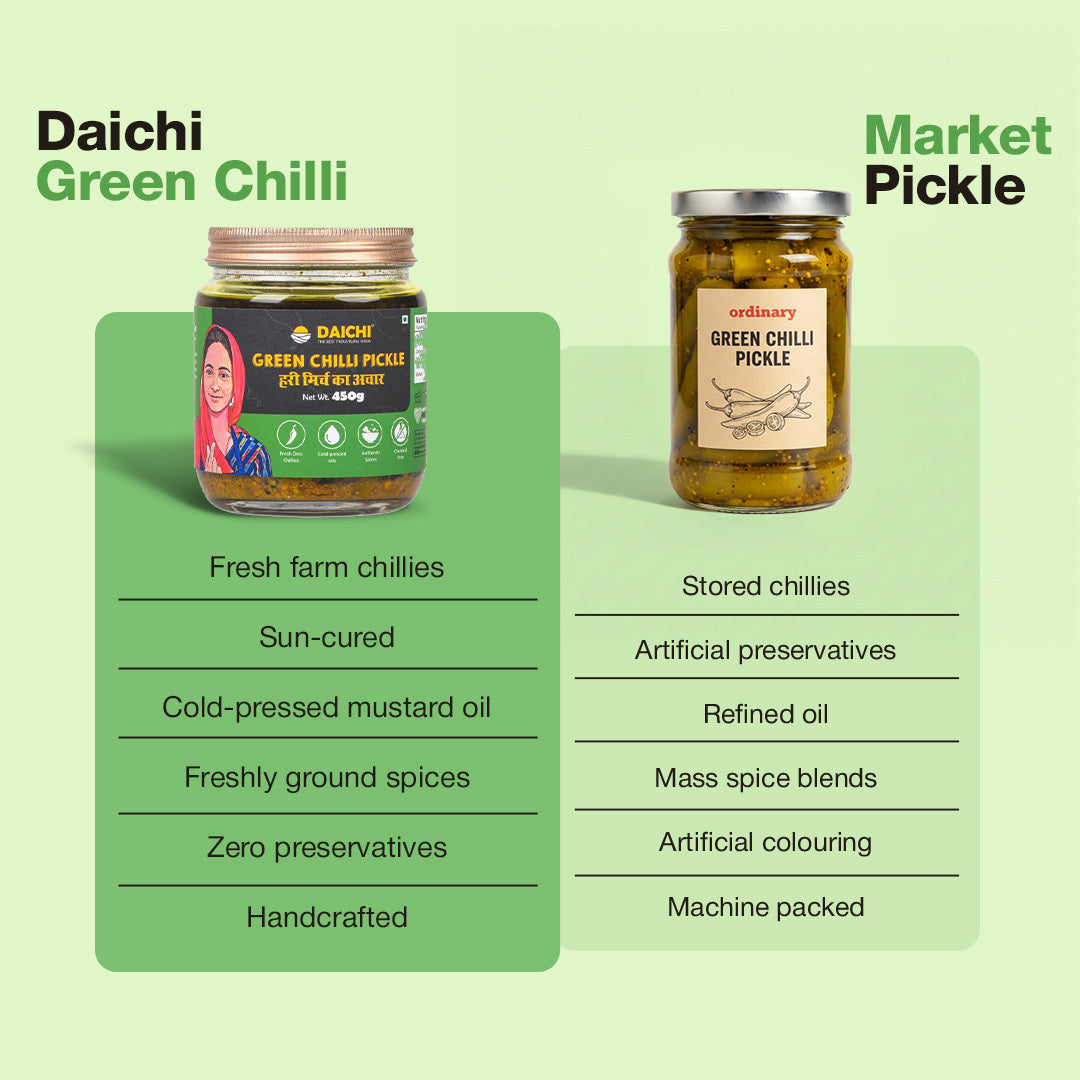 Daichi - Green Chilli Pickle | Crafted with love by women artisans | Sun cured | Cold-pressed mustard oil | In-house spices | No Preservatives