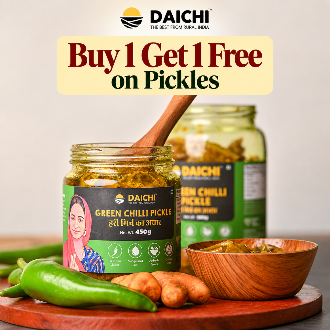 Daichi - Green Chilli Pickle | Crafted with love by women artisans | Sun cured | Cold-pressed mustard oil | In-house spices | No Preservatives