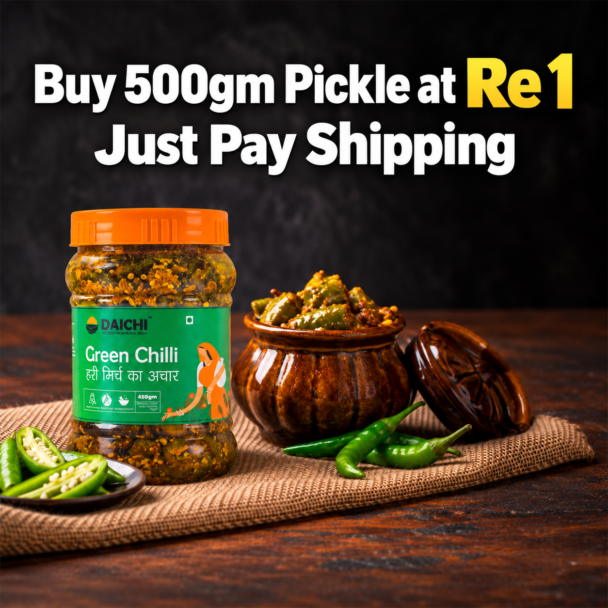 Daichi Handcrafted Green Chilli Pickle | PVC Jars