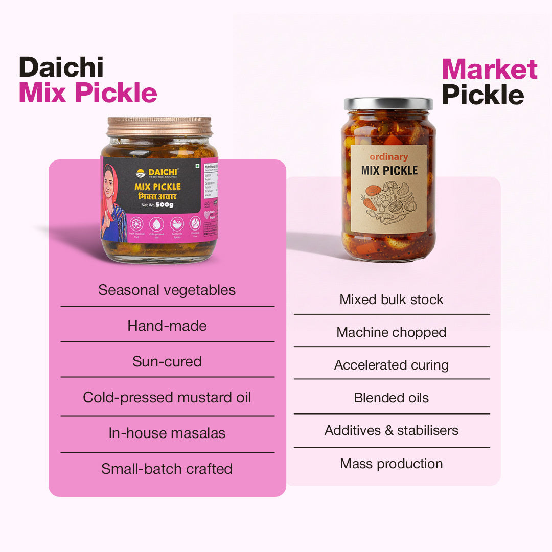 Daichi Mix Pickle | Crafted with Love by Women Artisans | Sun Cured | Cold-Pressed Mustard Oil | In-House Spices