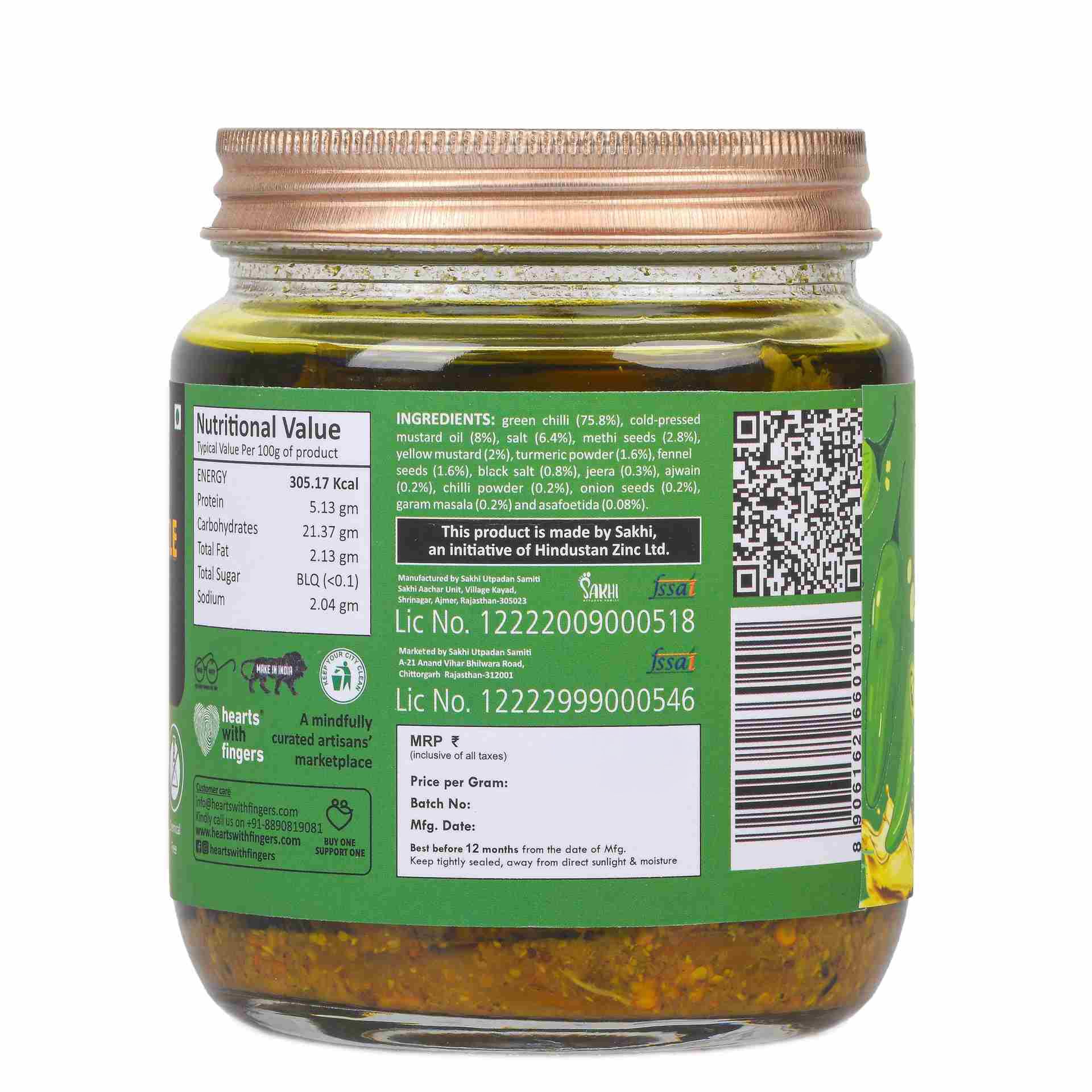 Daichi - Green Chilli Pickle | Crafted with love by women artisans | Sun cured | Cold-pressed mustard oil | In-house spices | No Preservatives