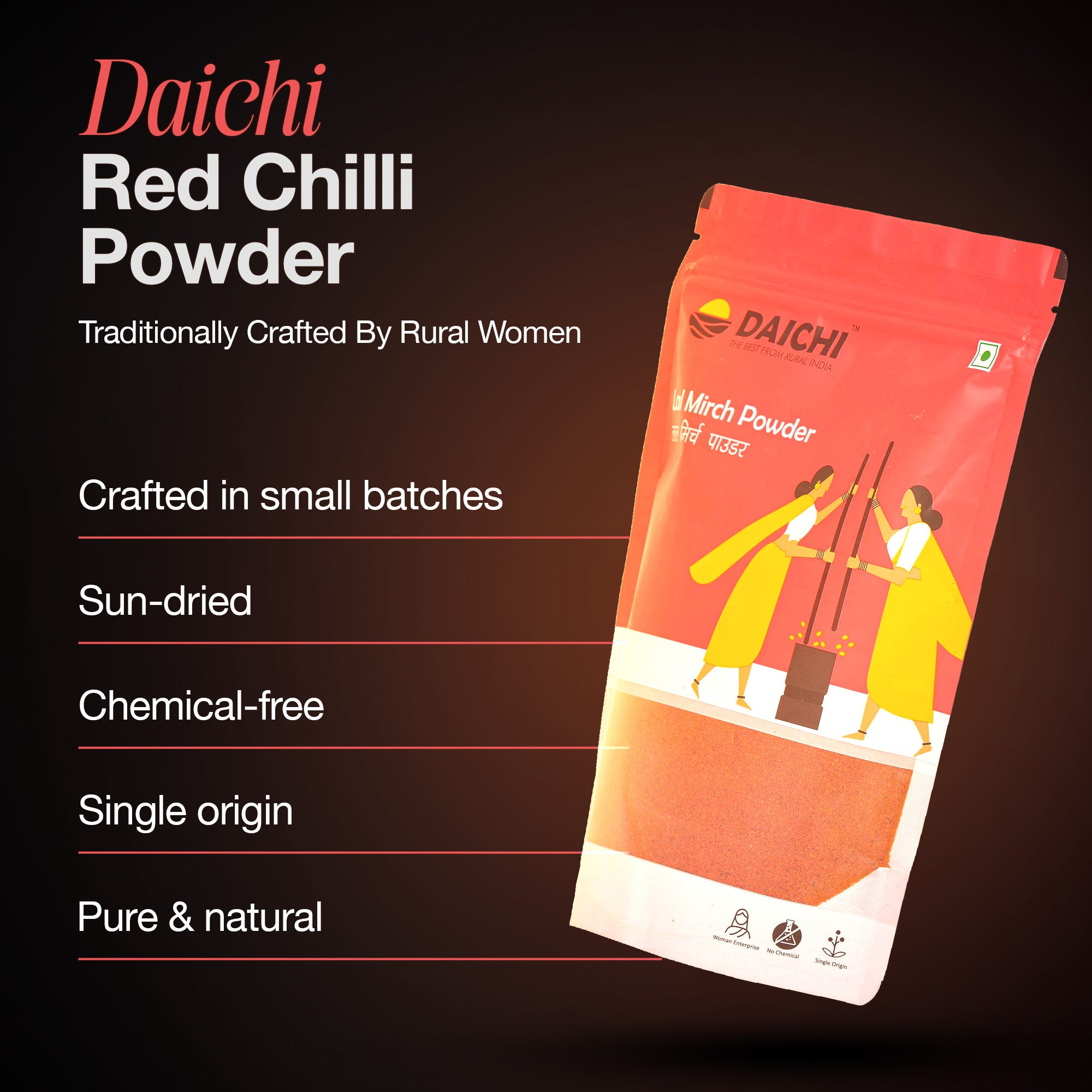 Daichi Pure Red Chilli (Lal Mirch) | 100% Pure Lal Mirch  | Single Origin | Unadulterated | Chemical-Free | Sun-Dried | Handcrafted in Small Batches by Rural Women