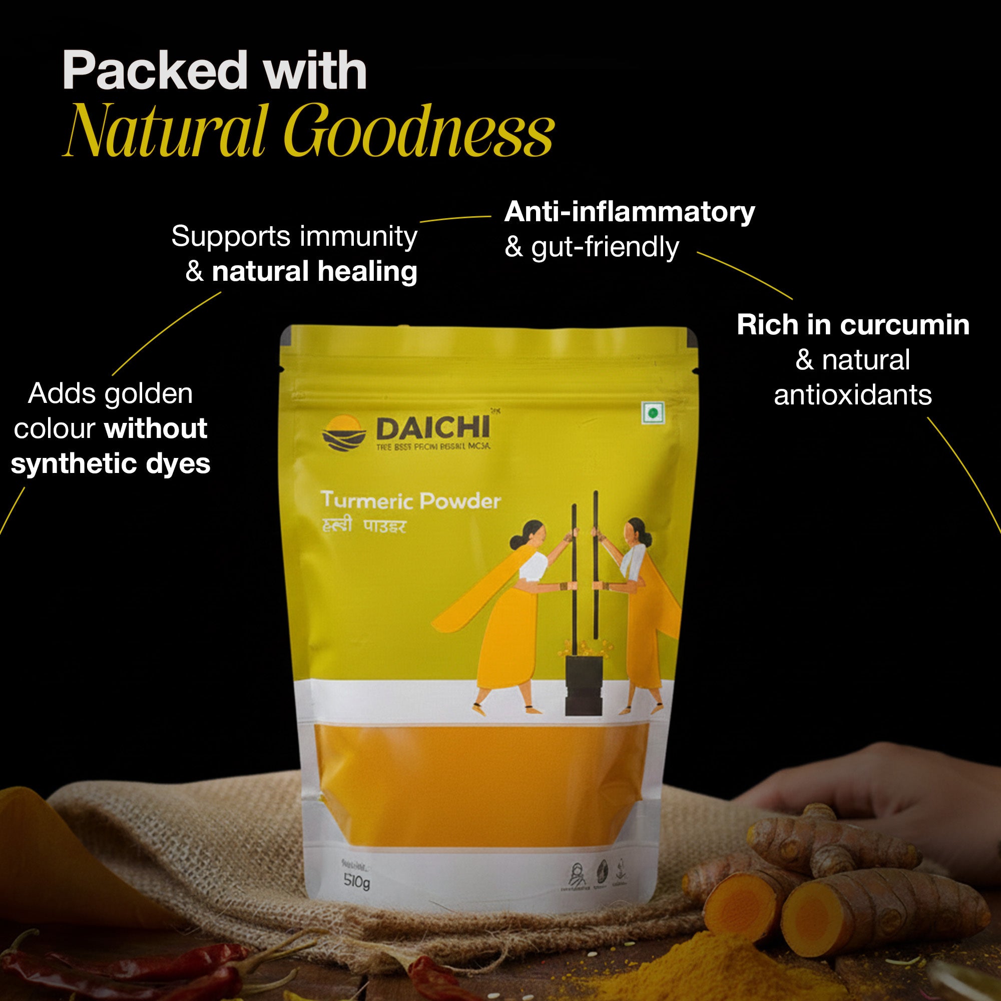 Daichi Turmeric Powder | 100% Pure Haldi | Single Origin | Unadulterated | Chemical-Free | Sun-Dried | Antioxidant &Amp; Anti-Inflammatory | Crafted by Rural Women (500g Pack of 2)