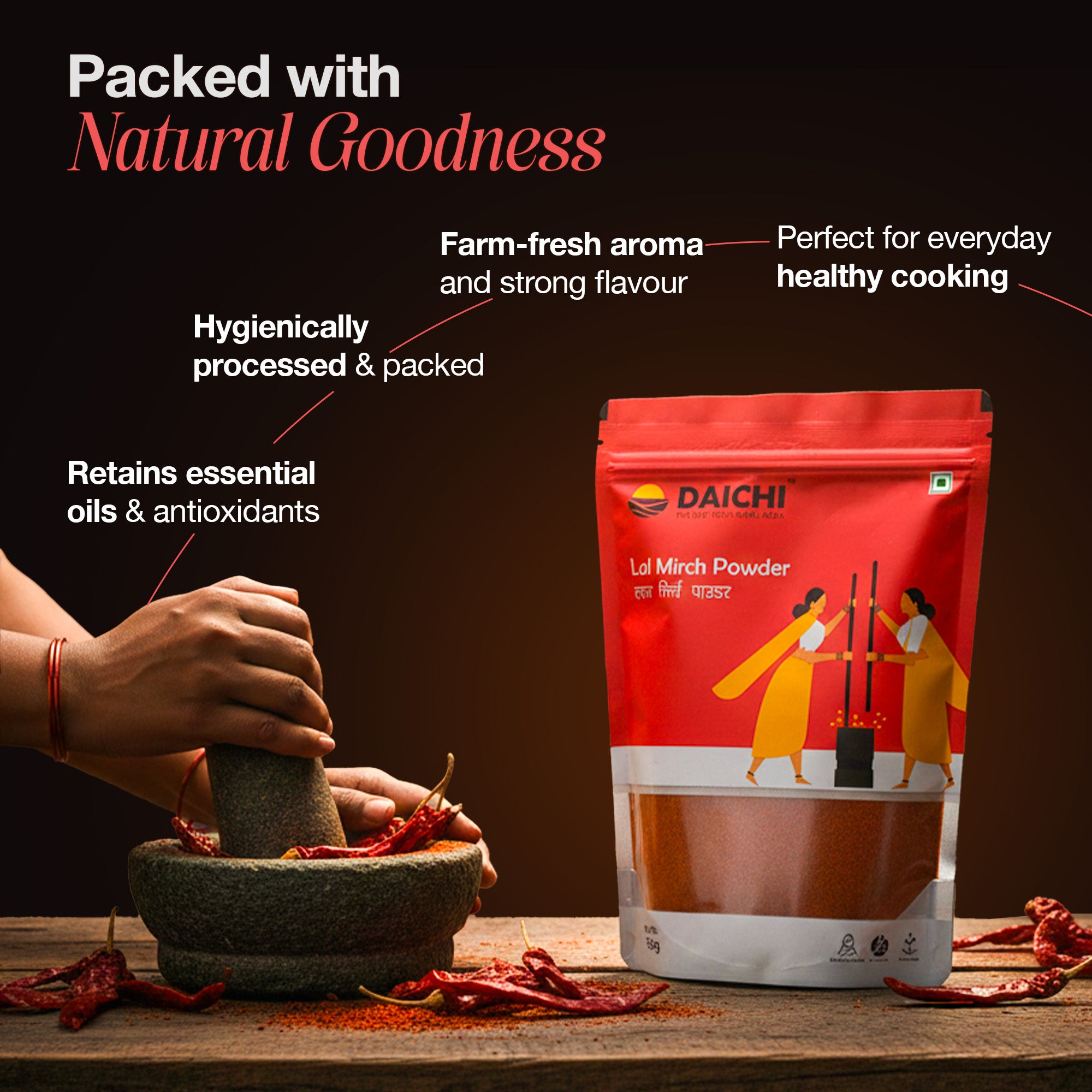 Daichi Pure Red Chilli (Lal Mirch) | 100% Pure Lal Mirch  | Single Origin | Unadulterated | Chemical-Free | Sun-Dried | Handcrafted in Small Batches by Rural Women