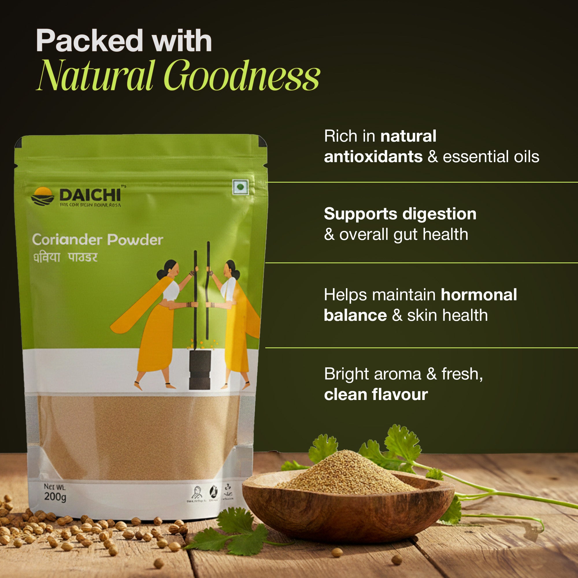 Daichi Pure Coriander Powder (Dhaniya) | 100% Natural Dhaniya | Single Origin | Unadulterated | Chemical-Free | Sun-Dried | Antioxidant & Anti-Inflammatory | Handcrafted by Rural Women