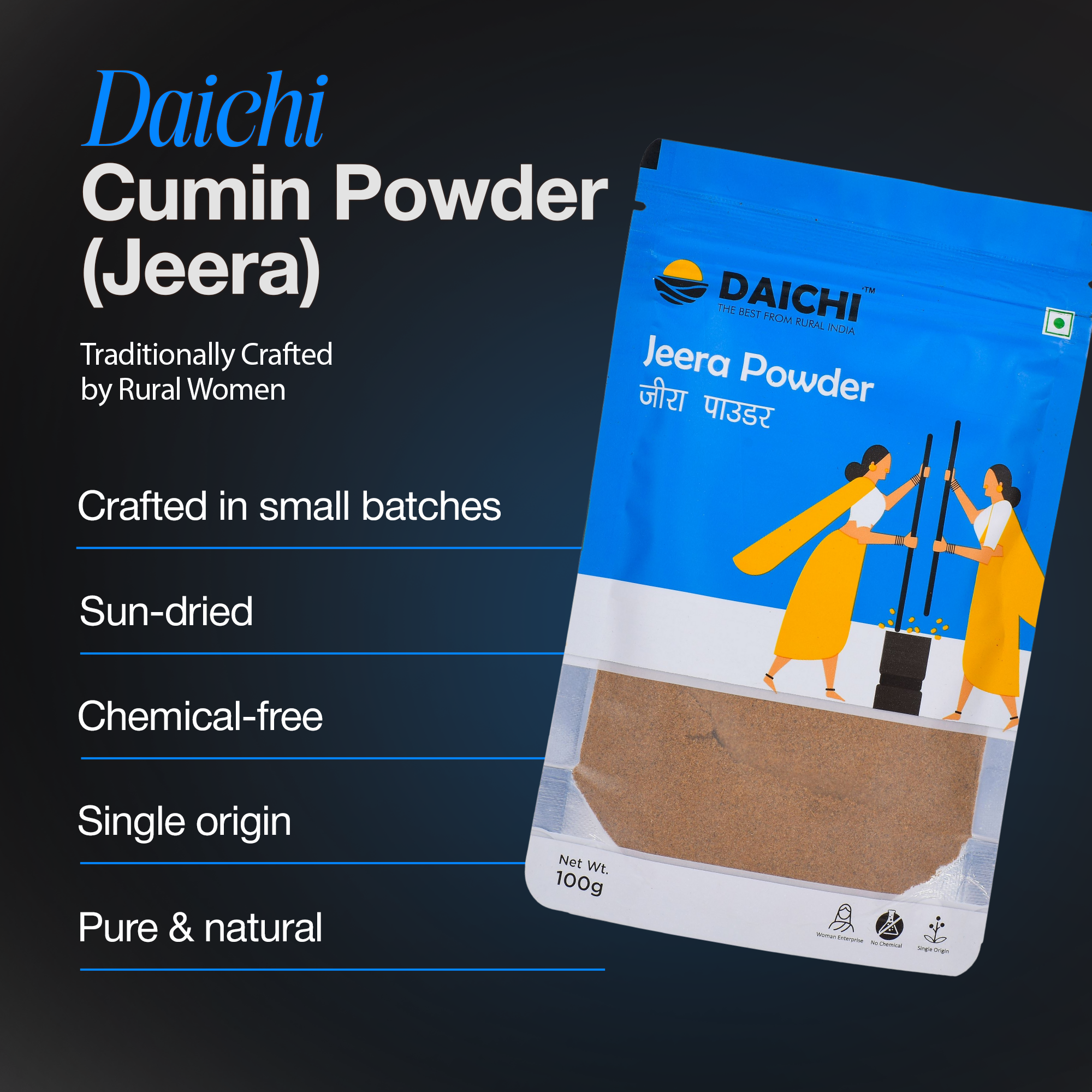 Daichi Cumin Powder (Jeera) | 100% Pure Jeera | Single Origin | Unadulterated | Chemical-Free | Sun-Dried | Antioxidant & Anti-Inflammatory | Handcrafted by Rural Women