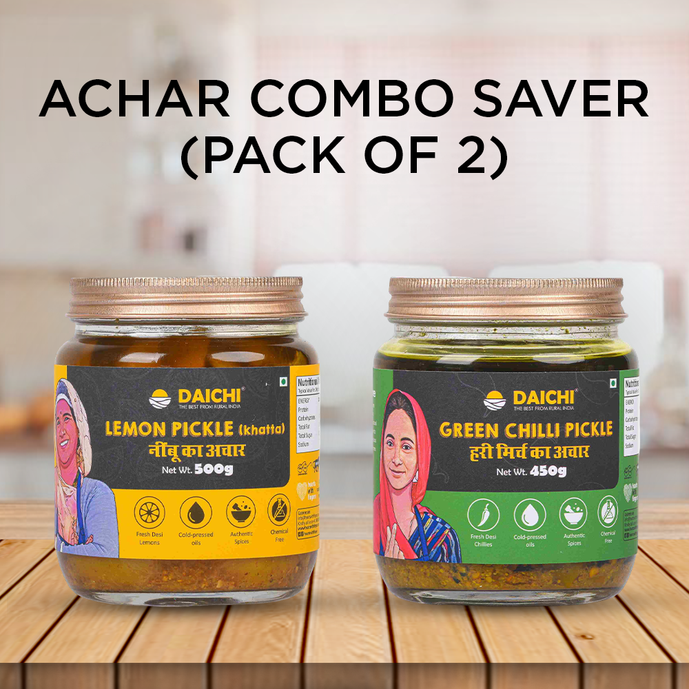 Homemade Achar Combo Saver Pack | Lemon Khatta + Green Chilli | Cured in Cold-Pressed Mustard Oil | No Preservatives (Pack of 2)