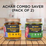 Homemade Achar Combo Saver Pack | Lemon Khatta + Green Chilli | Cured in Cold-Pressed Mustard Oil | No Preservatives (Pack of 2)