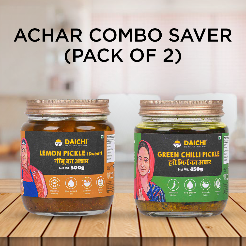Homemade Achar Combo Saver Pack | Lemon Sweet + Green Chilli | Cured in Cold-Pressed Mustard Oil | No Preservatives (Pack of 2)