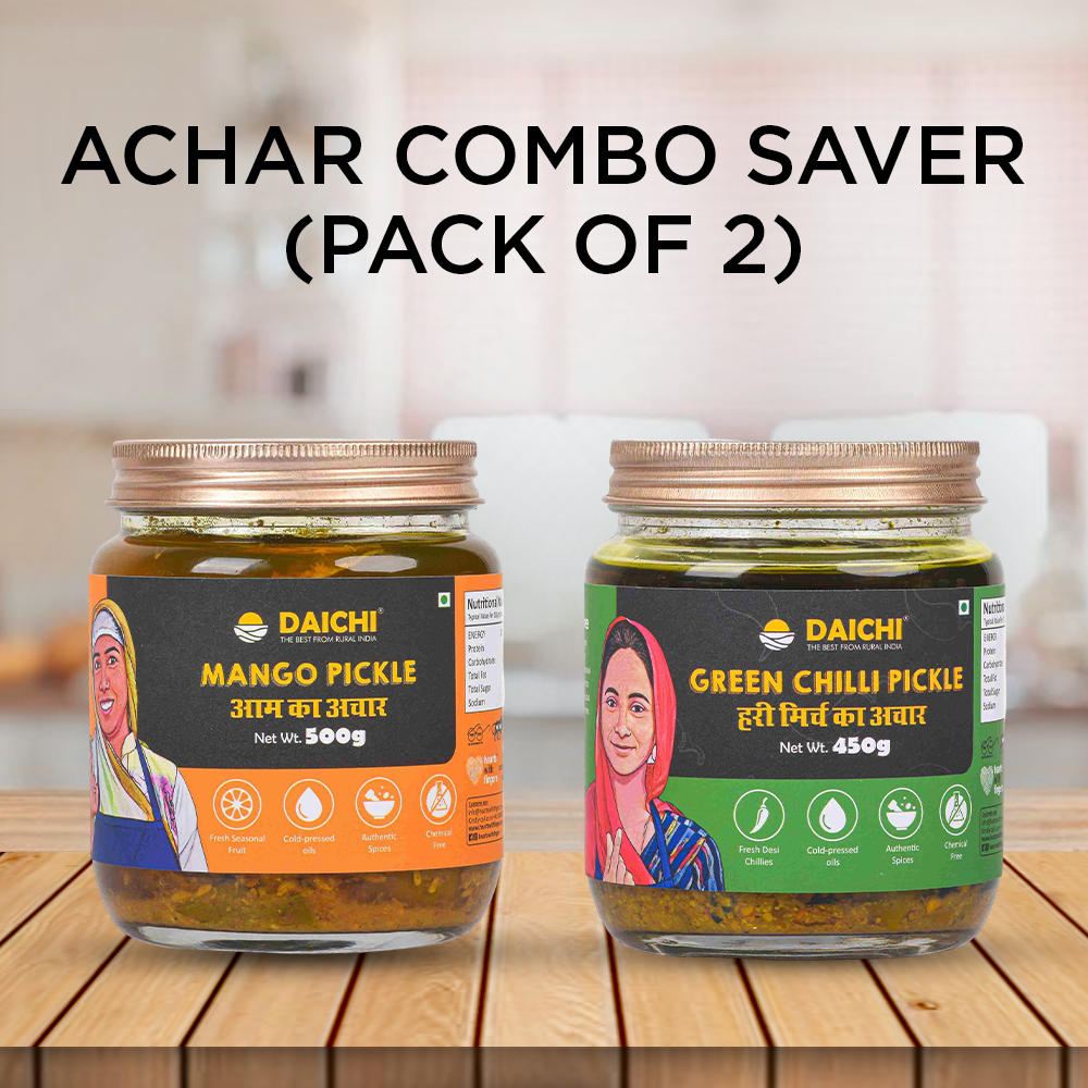 Homemade Achar Combo Saver Pack | Mango + Green Chilli | Cured in Cold-Pressed Mustard Oil | No Preservatives (Pack of 2)