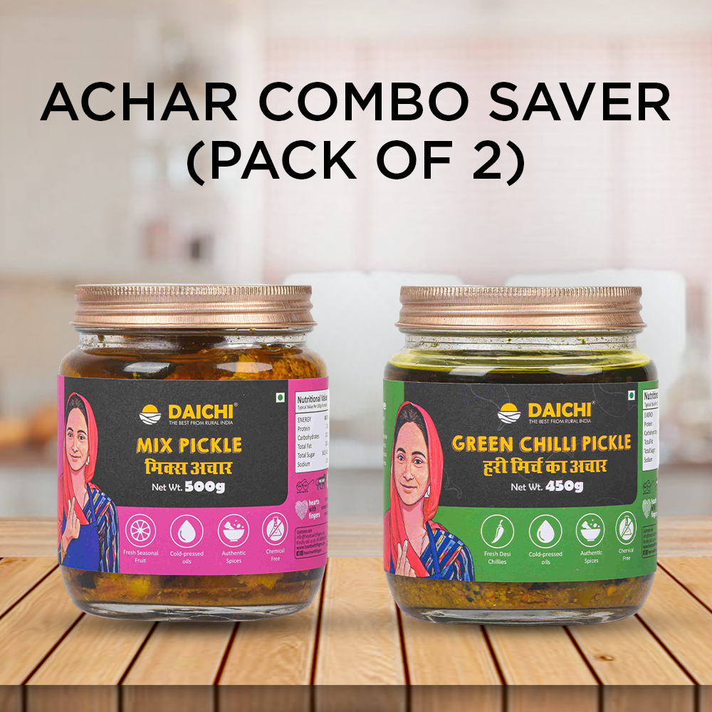 Homemade Achar Combo Saver Pack | Mix Pickle + Green Chilli | Cured in Cold-Pressed Mustard Oil | No Preservatives (Pack of 2)