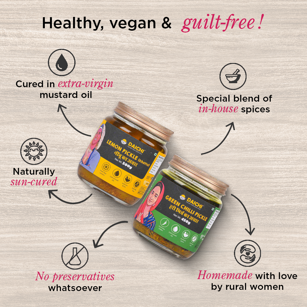 Homemade Achar Combo Saver Pack | Lemon Khatta + Green Chilli | Cured in Cold-Pressed Mustard Oil | No Preservatives (Pack of 2)