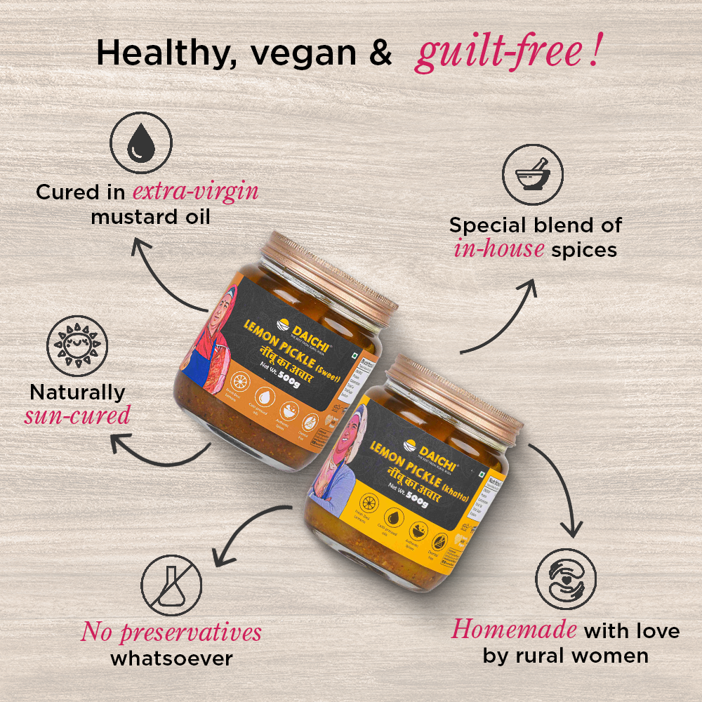 Homemade Achar Combo Saver Pack | Lemon Sweet + Lemon Khatta | Cured in Cold-Pressed Mustard Oil | No Preservatives (Pack of 2)