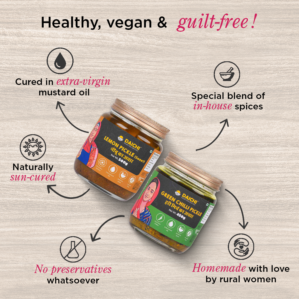 Homemade Achar Combo Saver Pack | Lemon Sweet + Green Chilli | Cured in Cold-Pressed Mustard Oil | No Preservatives (Pack of 2)